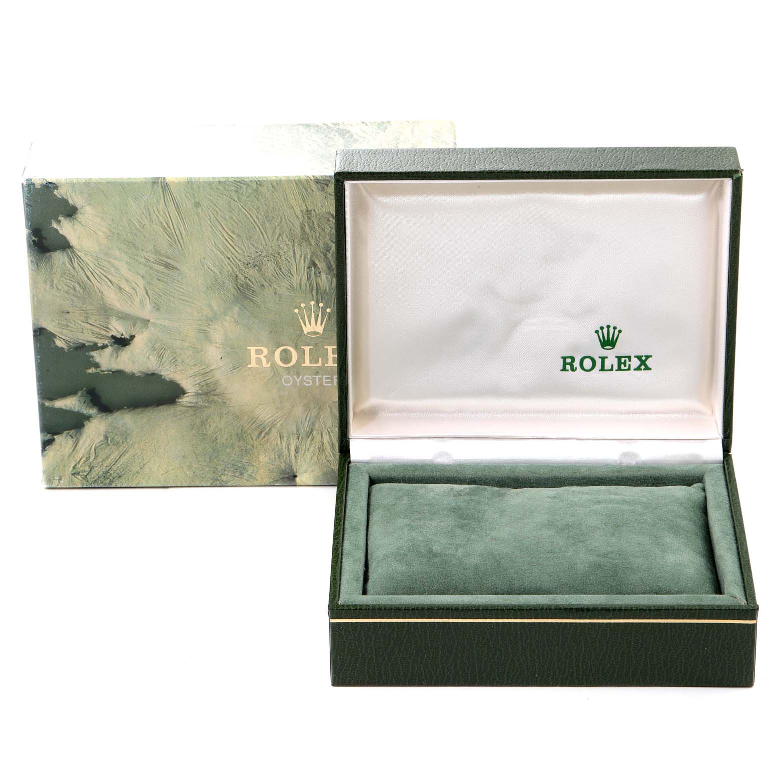 The image shows an open vintage Rolex watch box from the Oyster Collection, with the lid propped open and the cushioning visible.
