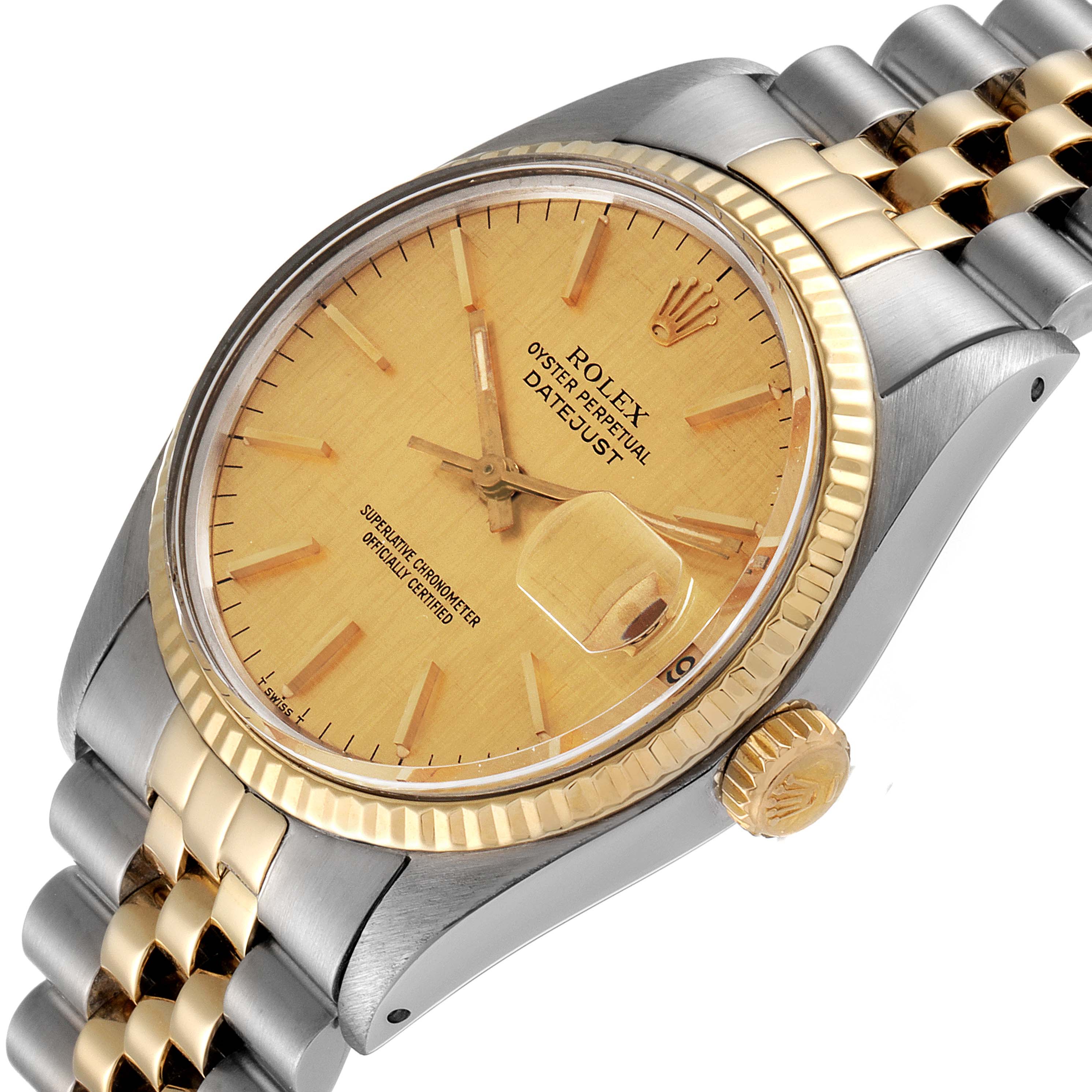 The image shows a close-up side angle of the Rolex Vintage Collection 16013 Men's Steel and Gold (two tone) Champagne Dial 16013 Men's Steel and Gold (two tone) Champagne Dial Datejust watch, highlighting its gold dial, bezel, and bracelet.
