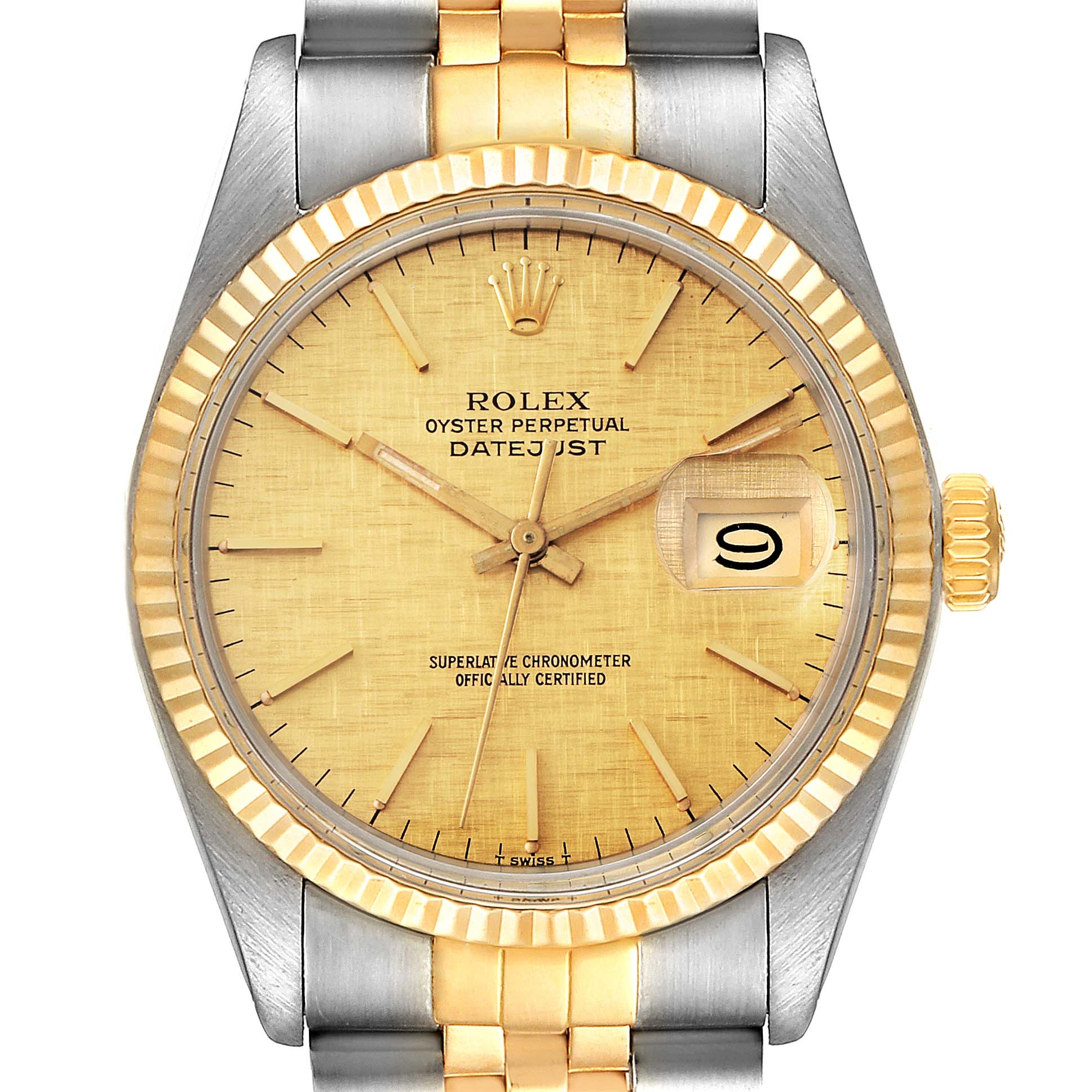 The Rolex Vintage Collection 16013 Men's Steel and Gold (two tone) Champagne Dial 16013 Men's Steel and Gold (two tone) Champagne Dial watch model is shown from a front angle, displaying the dial, hands, date window, and portion of the bracelet.