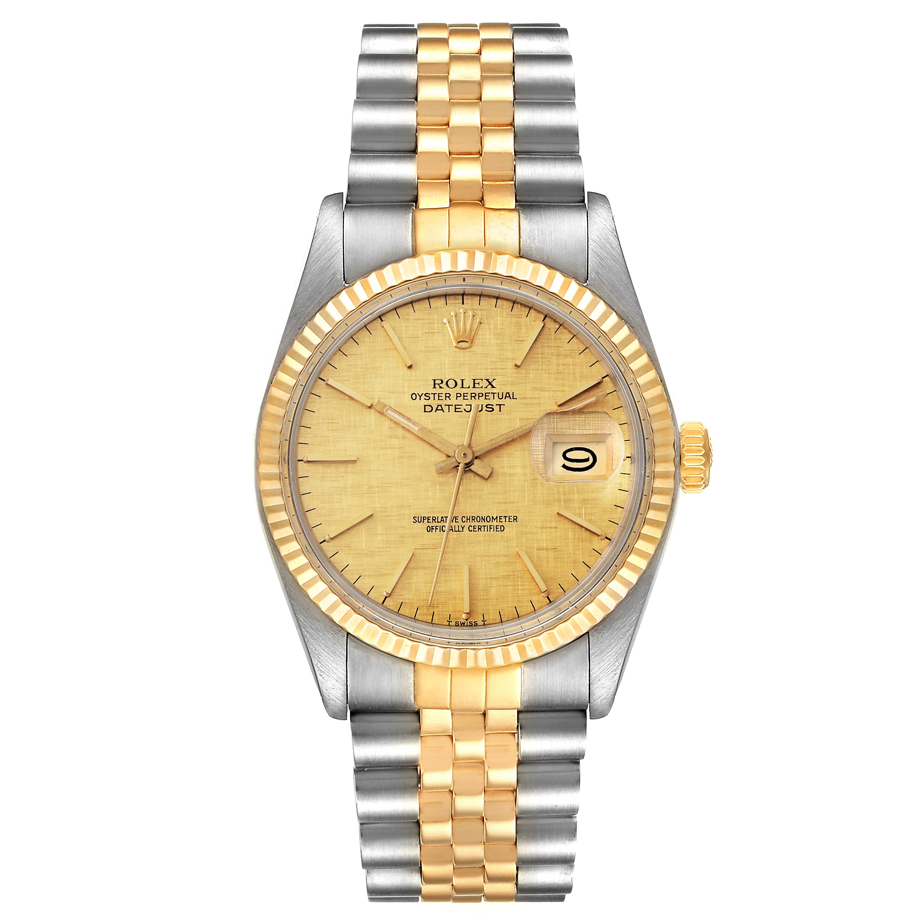 The image shows a front view of the Rolex Vintage Collection 16013 Men's Steel and Gold (two tone) Champagne Dial 16013 Men's Steel and Gold (two tone) Champagne Dial Oyster Perpetual Datejust watch, highlighting its gold and silver two-tone band and dial.