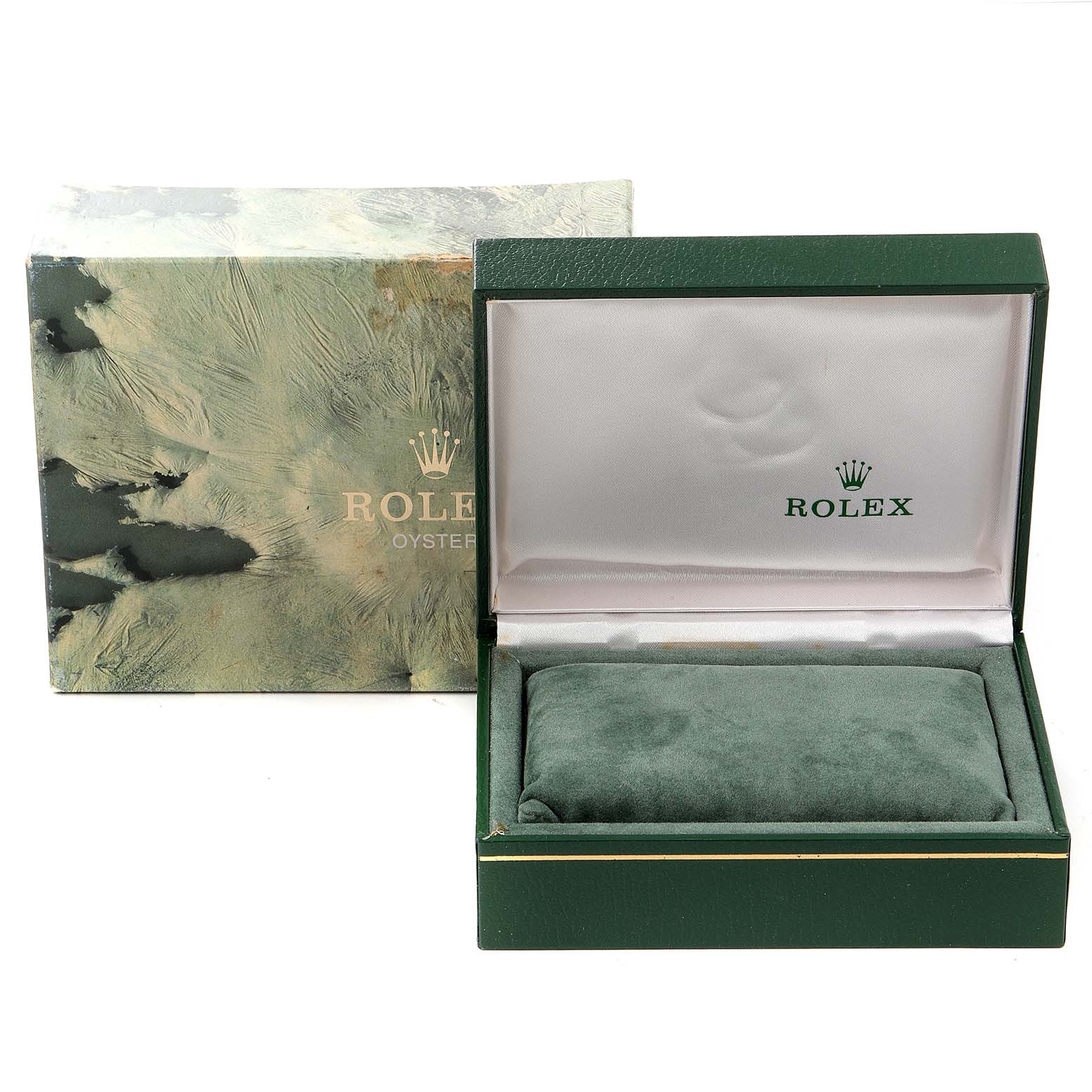 The image shows an empty Rolex Vintage Collection 16013 Men's Steel and Gold (two tone) Champagne Dial 16013 Men's Steel and Gold (two tone) Champagne Dial watch box and its cover from a front angle.