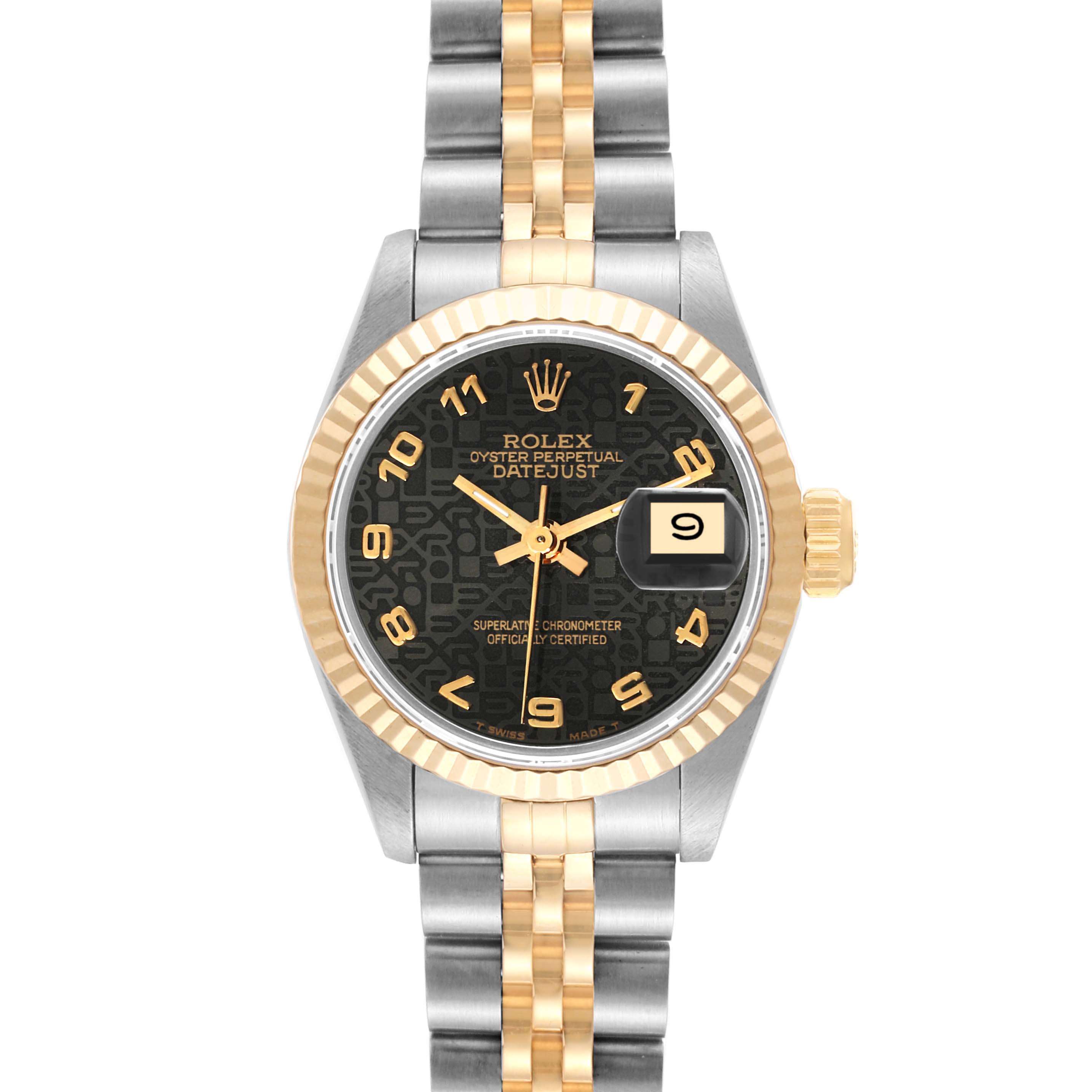 The image shows a front view of the Rolex Datejust 69173 Women's Steel and Gold (two tone) Black Dial 69173 Women's Steel and Gold (two tone) Black Dial watch, highlighting its face, bezel, crown, and bracelet.
