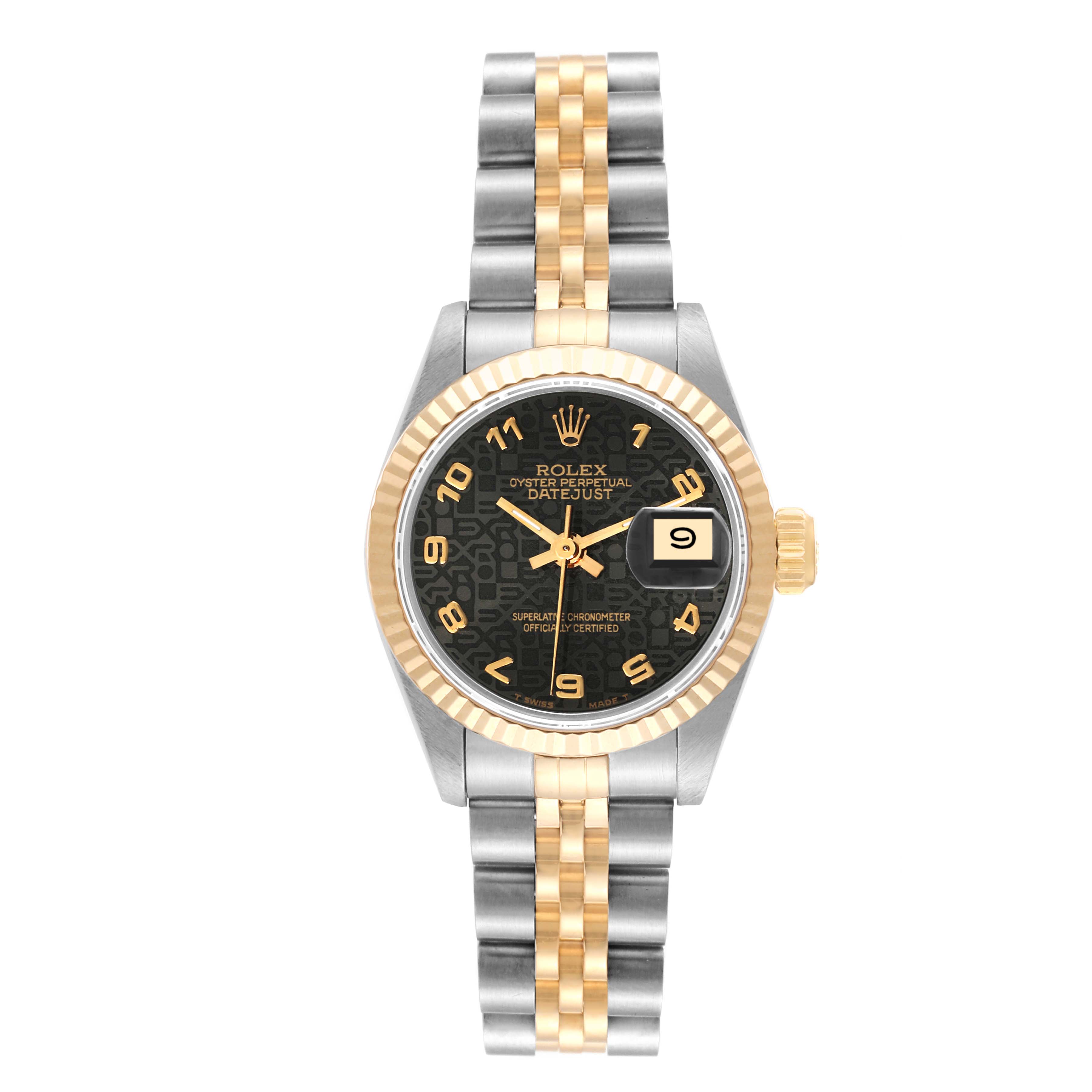 The image shows a Rolex Datejust 69173 Women's Steel and Gold (two tone) Black Dial 69173 Women's Steel and Gold (two tone) Black Dial watch from a top-down angle, highlighting its bezel, dial, and two-tone bracelet.
