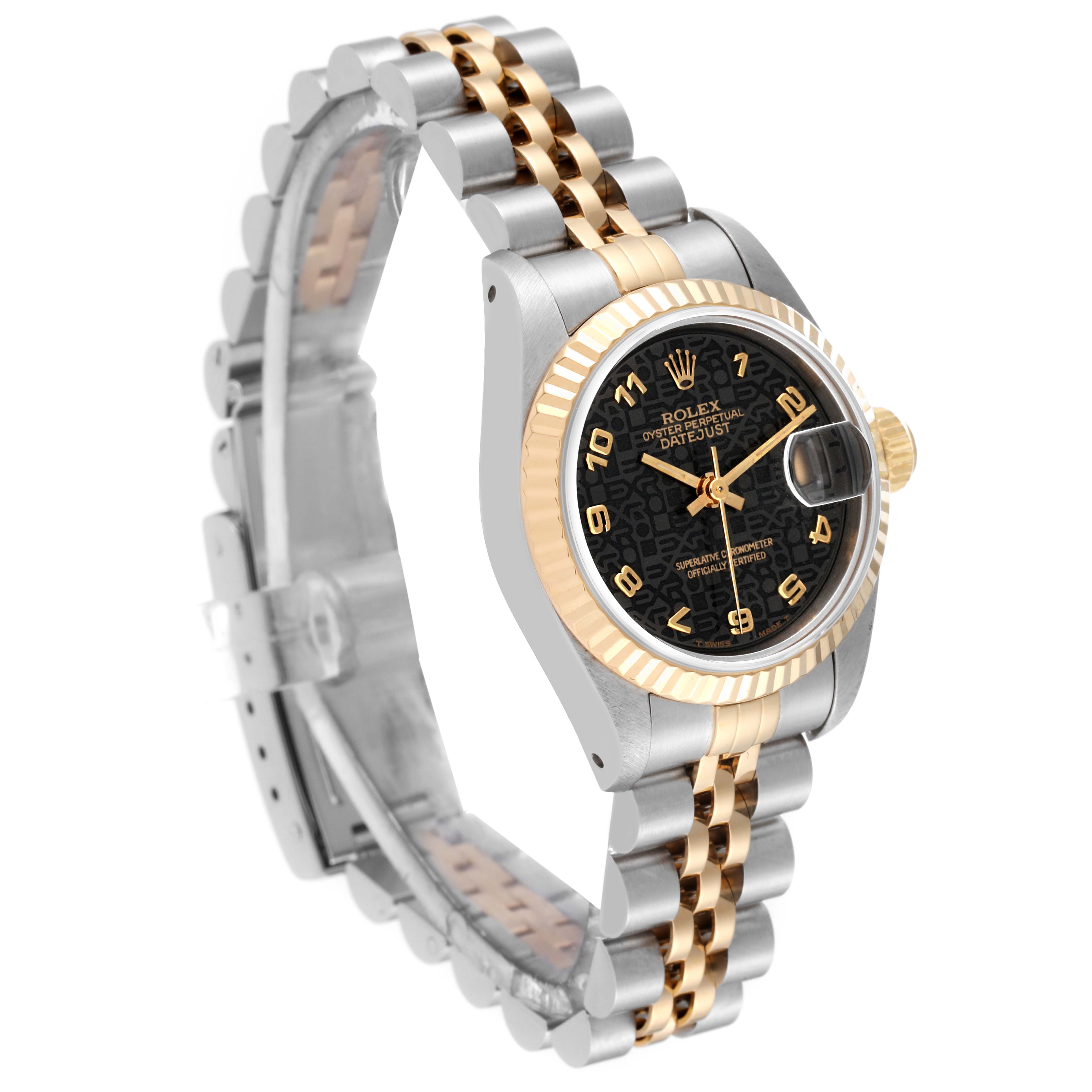 The image shows a Rolex Datejust 69173 Women's Steel and Gold (two tone) Black Dial 69173 Women's Steel and Gold (two tone) Black Dial watch at a slight angle, highlighting its dial, bezel, and two-tone bracelet.