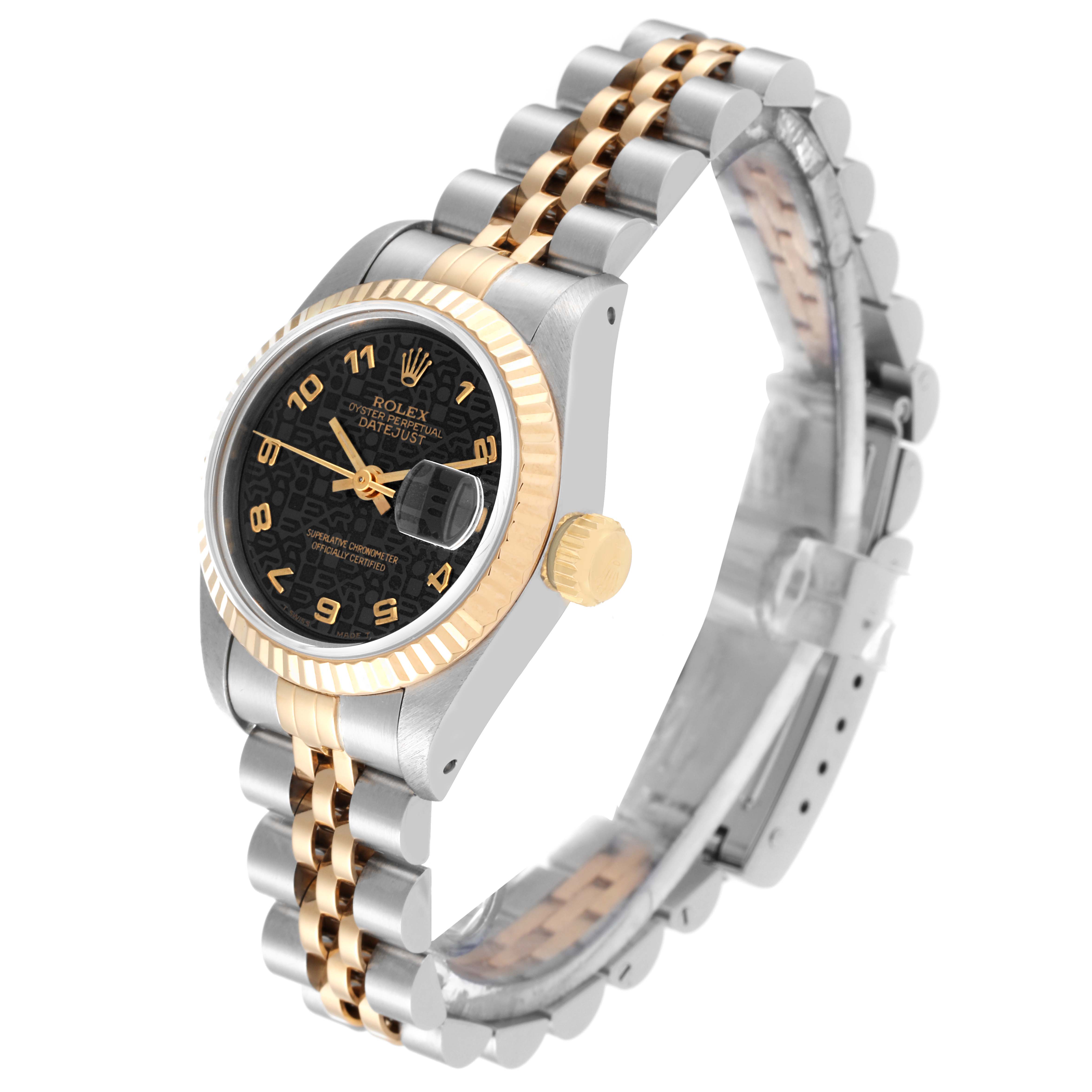 The image shows a Rolex Datejust 69173 Women's Steel and Gold (two tone) Black Dial 69173 Women's Steel and Gold (two tone) Black Dial watch at a three-quarter angle, highlighting the two-tone band, black dial, and gold fluted bezel.
