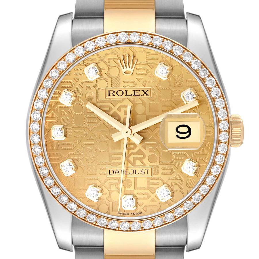 The image shows a frontal view of the Rolex Datejust watch, highlighting the dial, bezel, and part of the bracelet.