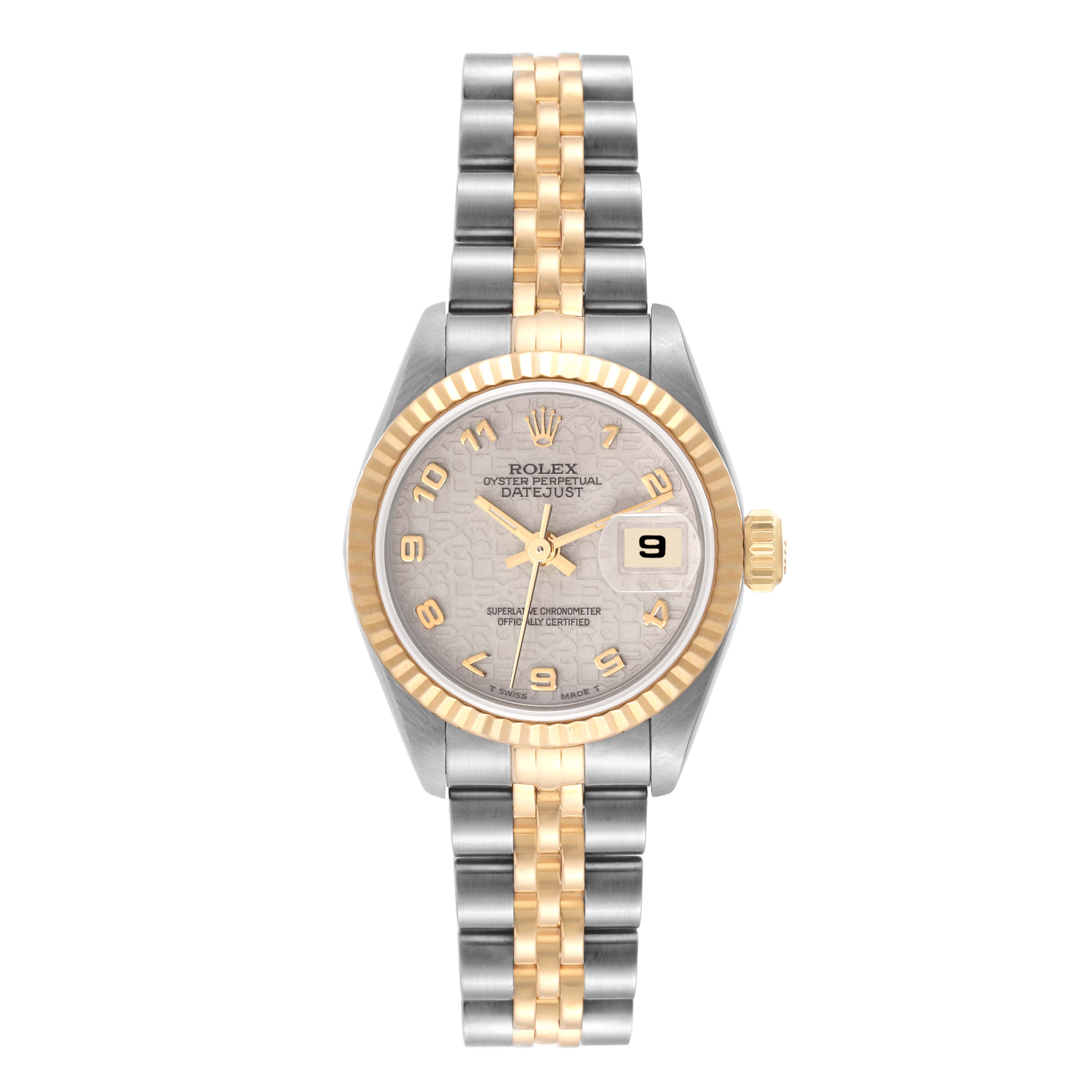 This image shows the Rolex Datejust 69173 Women's Steel and Gold (two tone) White Dial 69173 Women's Steel and Gold (two tone) White Dial watch from a straight-on angle, highlighting its face, bezel, crown, and bracelet.
