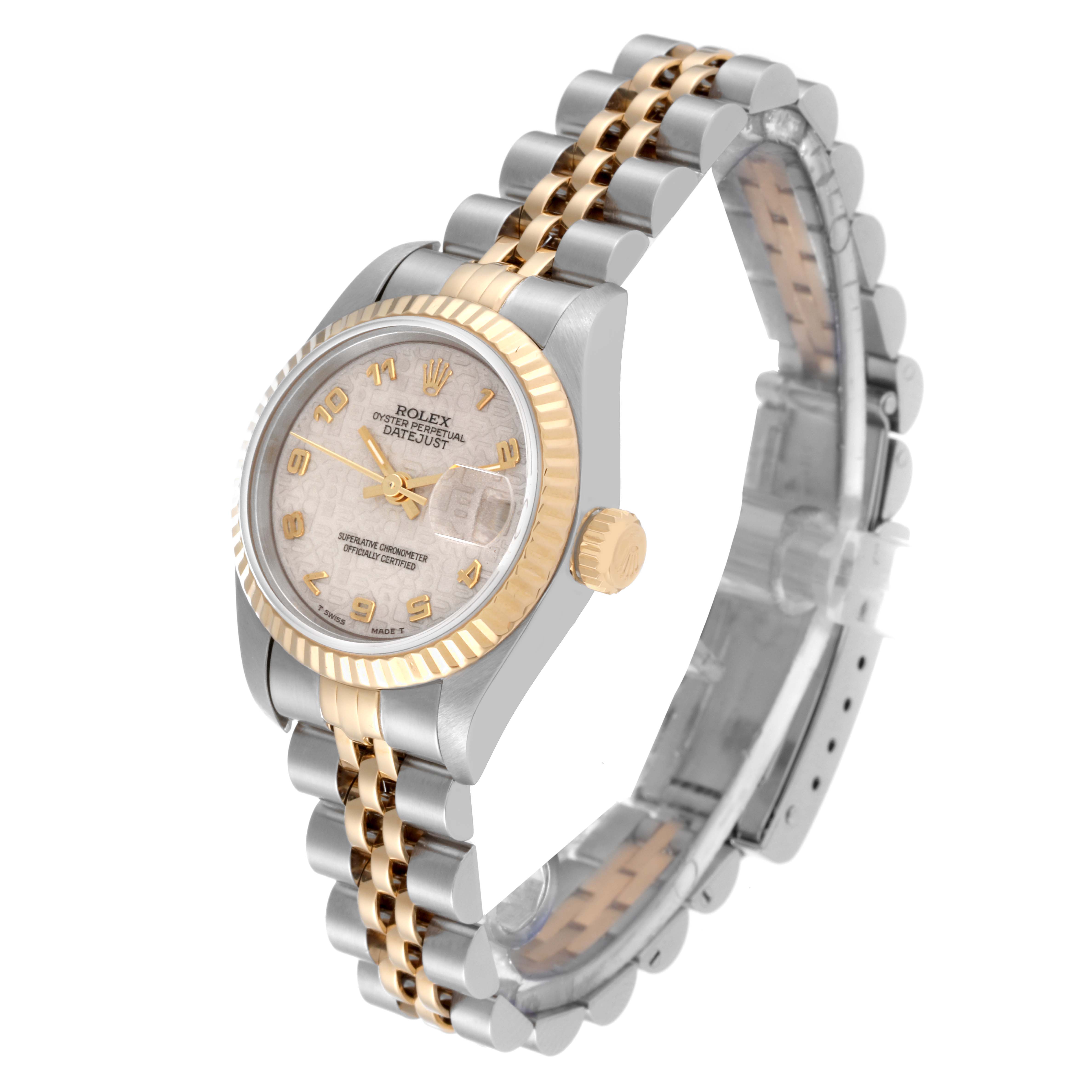 The Rolex Datejust 69173 Women's Steel and Gold (two tone) White Dial 69173 Women's Steel and Gold (two tone) White Dial watch is shown at a three-quarter angle, displaying the face, bezel, crown, and two-tone bracelet.