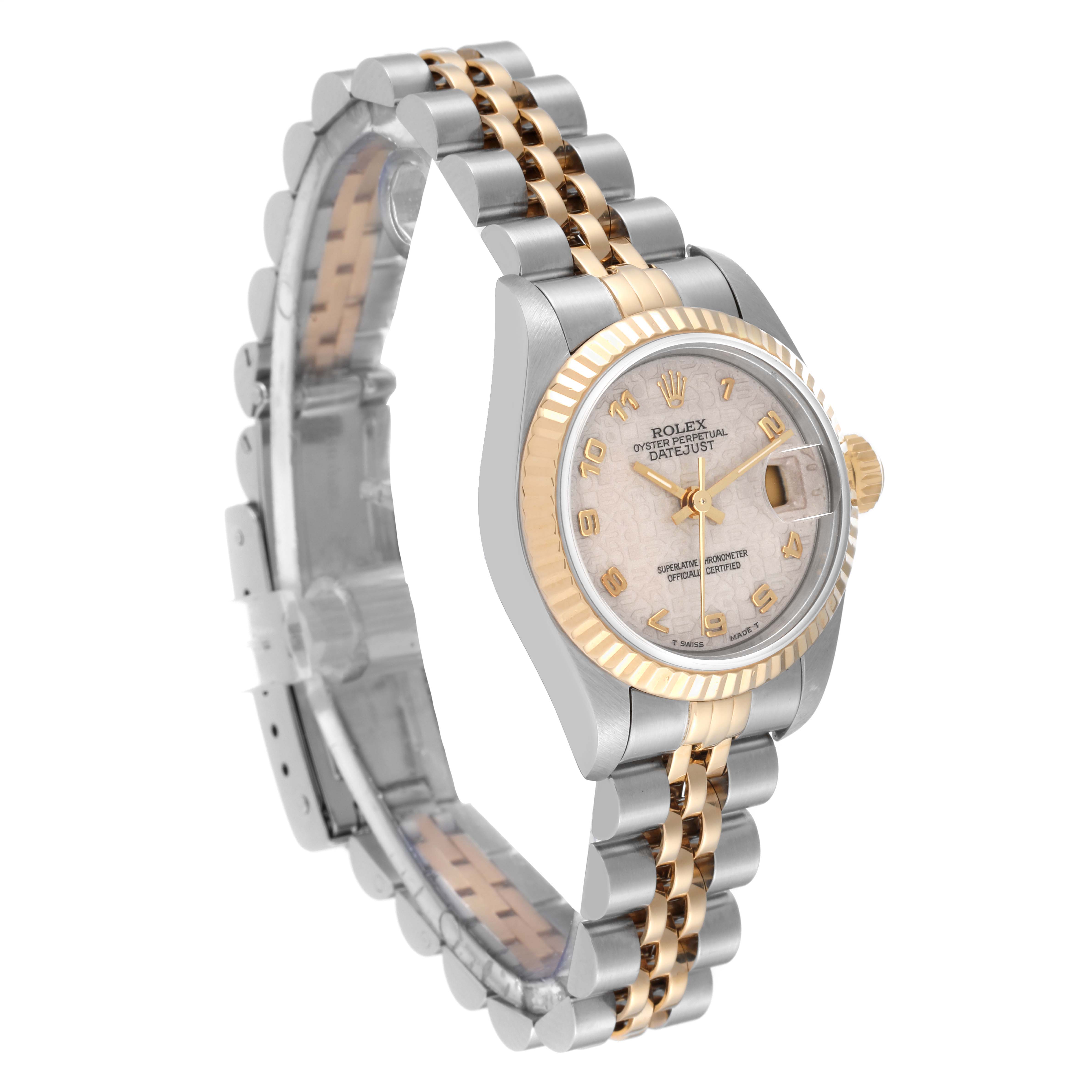 The Rolex Datejust 69173 Women's Steel and Gold (two tone) White Dial 69173 Women's Steel and Gold (two tone) White Dial watch is shown at a three-quarter angle, displaying its two-tone bracelet, dial, and crown.