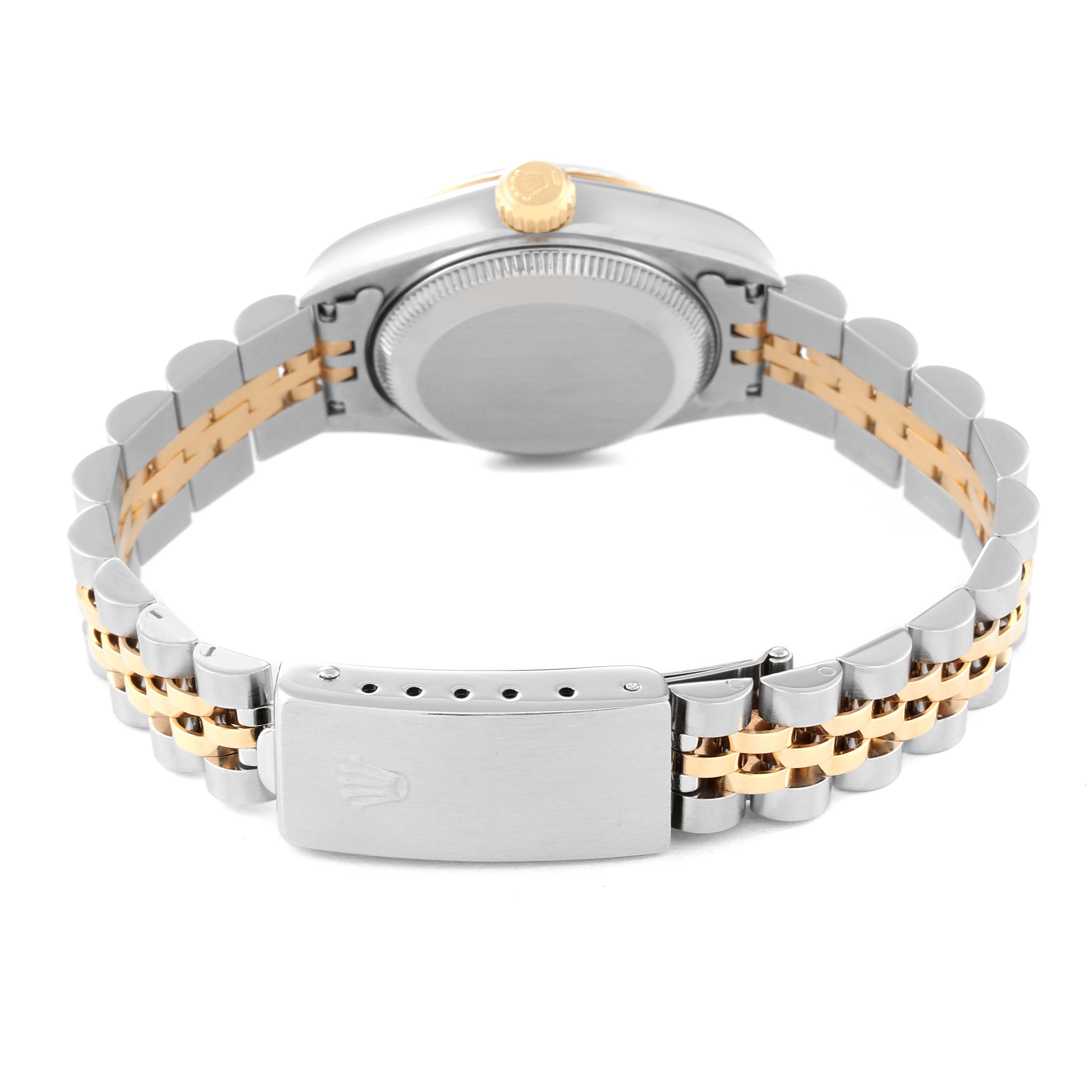 This image shows the back view of a Rolex Datejust 69173 Women's Steel and Gold (two tone) White Dial 69173 Women's Steel and Gold (two tone) White Dial watch, highlighting the two-tone bracelet and clasp.