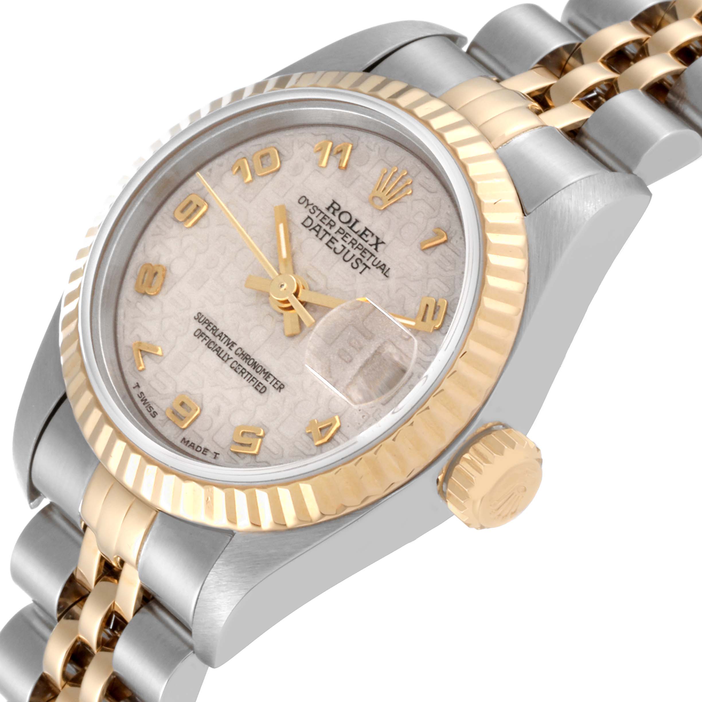 The image shows a close-up, angled view of the Rolex Datejust 69173 Women's Steel and Gold (two tone) White Dial 69173 Women's Steel and Gold (two tone) White Dial watch, highlighting the dial, bezel, crown, and part of the bracelet.