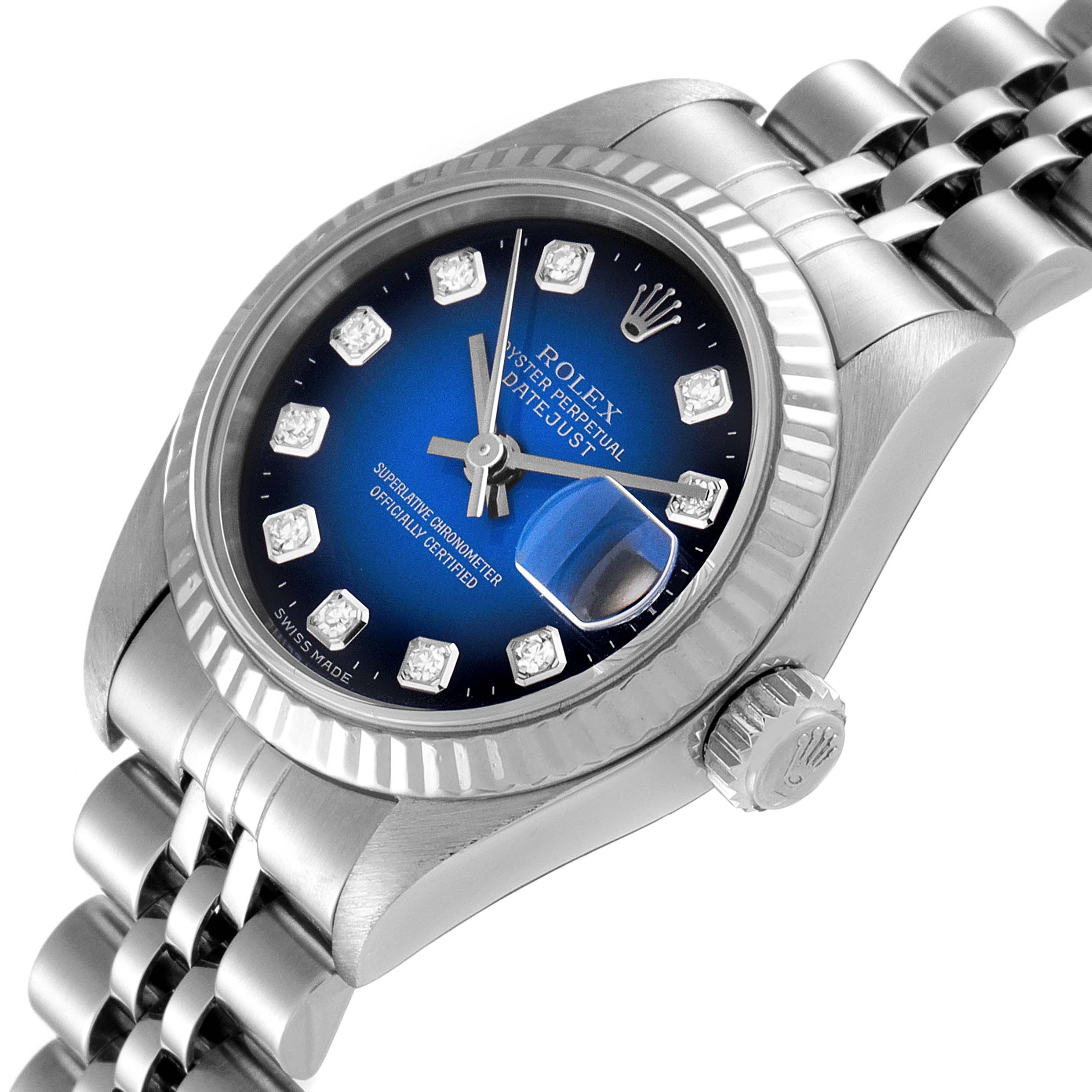 The image displays a Rolex Datejust 79174 Women's Stainless Steel Blue Dial 79174 Women's Stainless Steel Blue Dial watch from a side angle, showcasing its face, bezel, crown, and part of the bracelet.