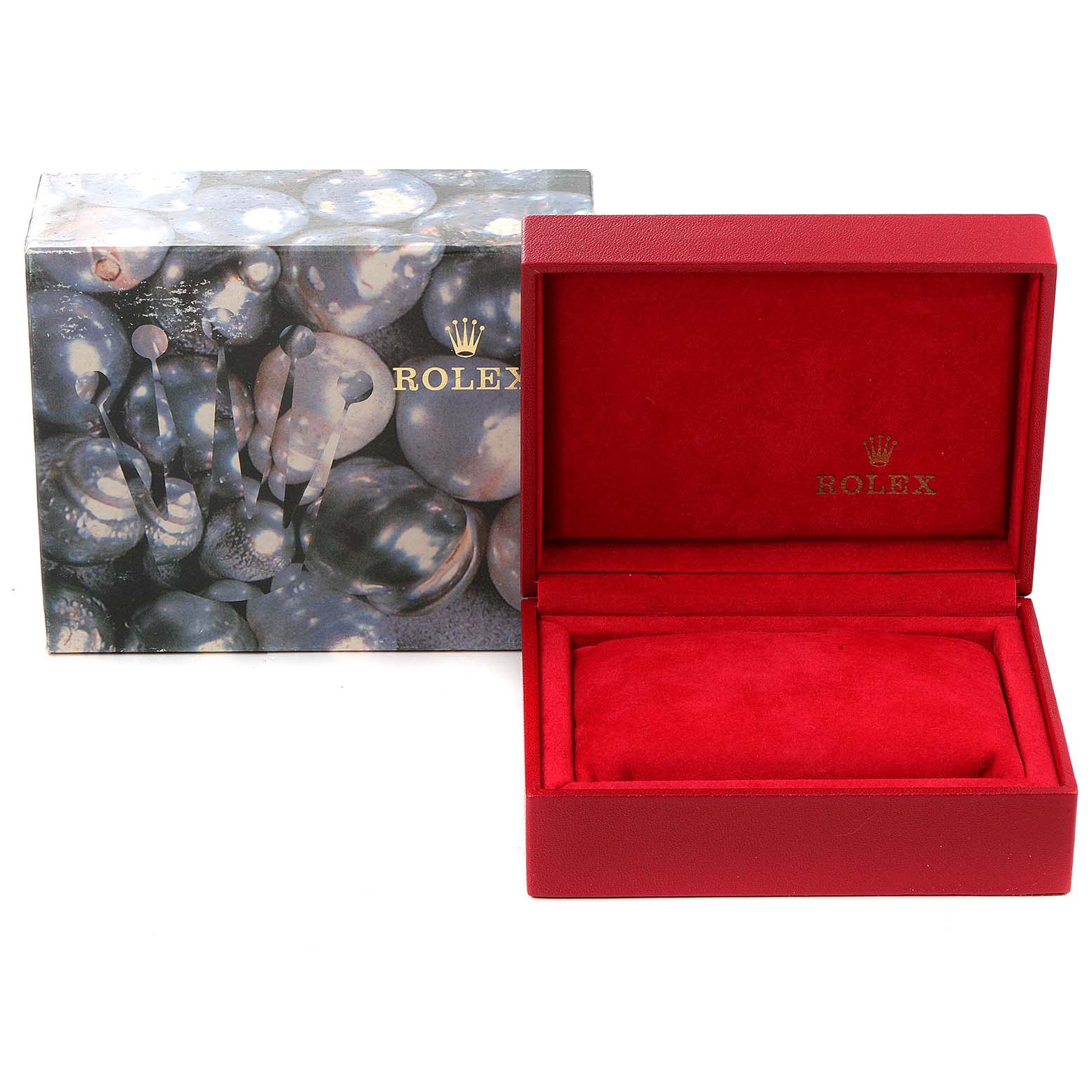 This image shows the packaging for a Rolex Datejust 79174 Women's Stainless Steel Blue Dial 79174 Women's Stainless Steel Blue Dial watch, including a red velvet box and an outer box with branding.