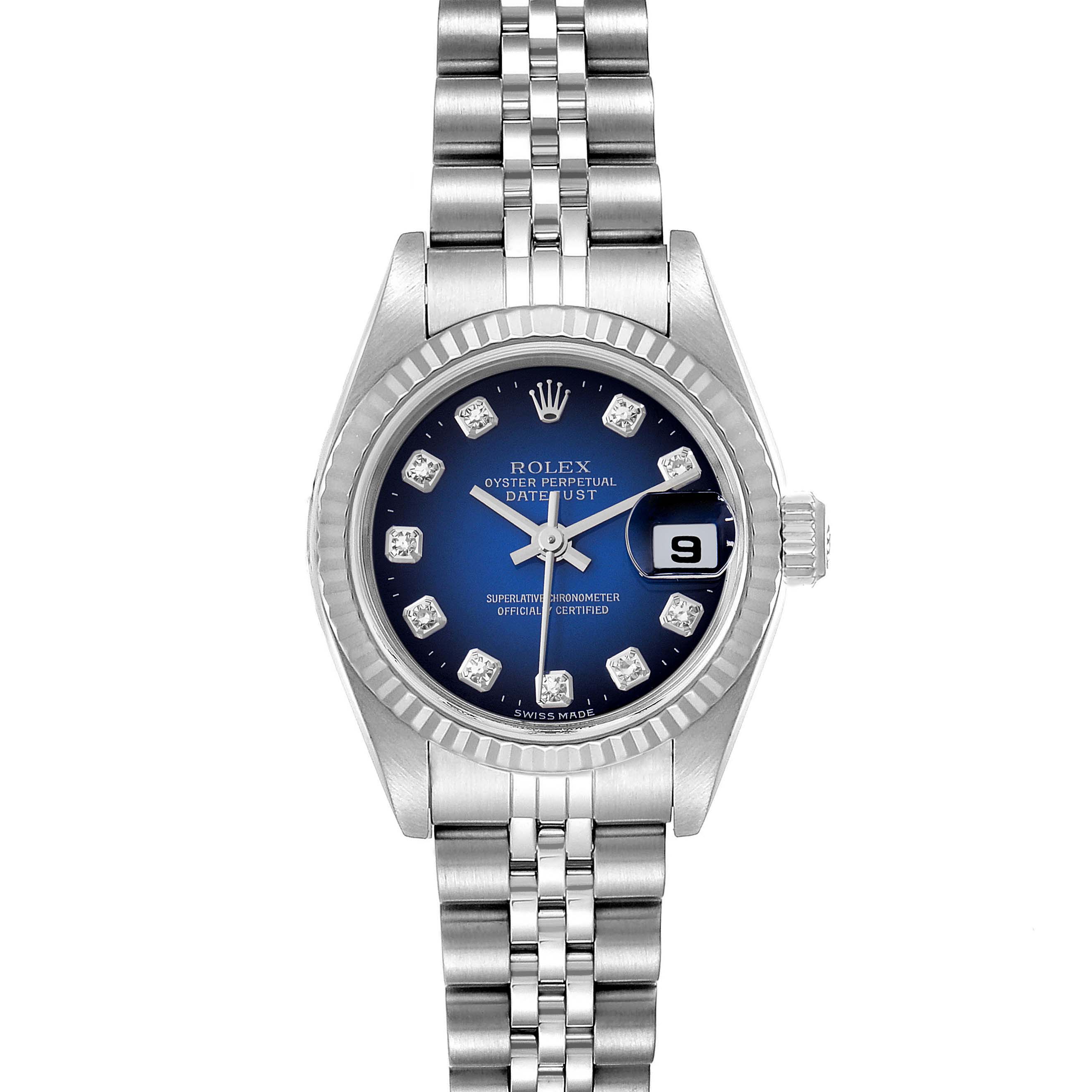 This image shows a front view of a Rolex Datejust 79174 Women's Stainless Steel Blue Dial 79174 Women's Stainless Steel Blue Dial watch, highlighting its blue dial, date display, bezel, and bracelet.
