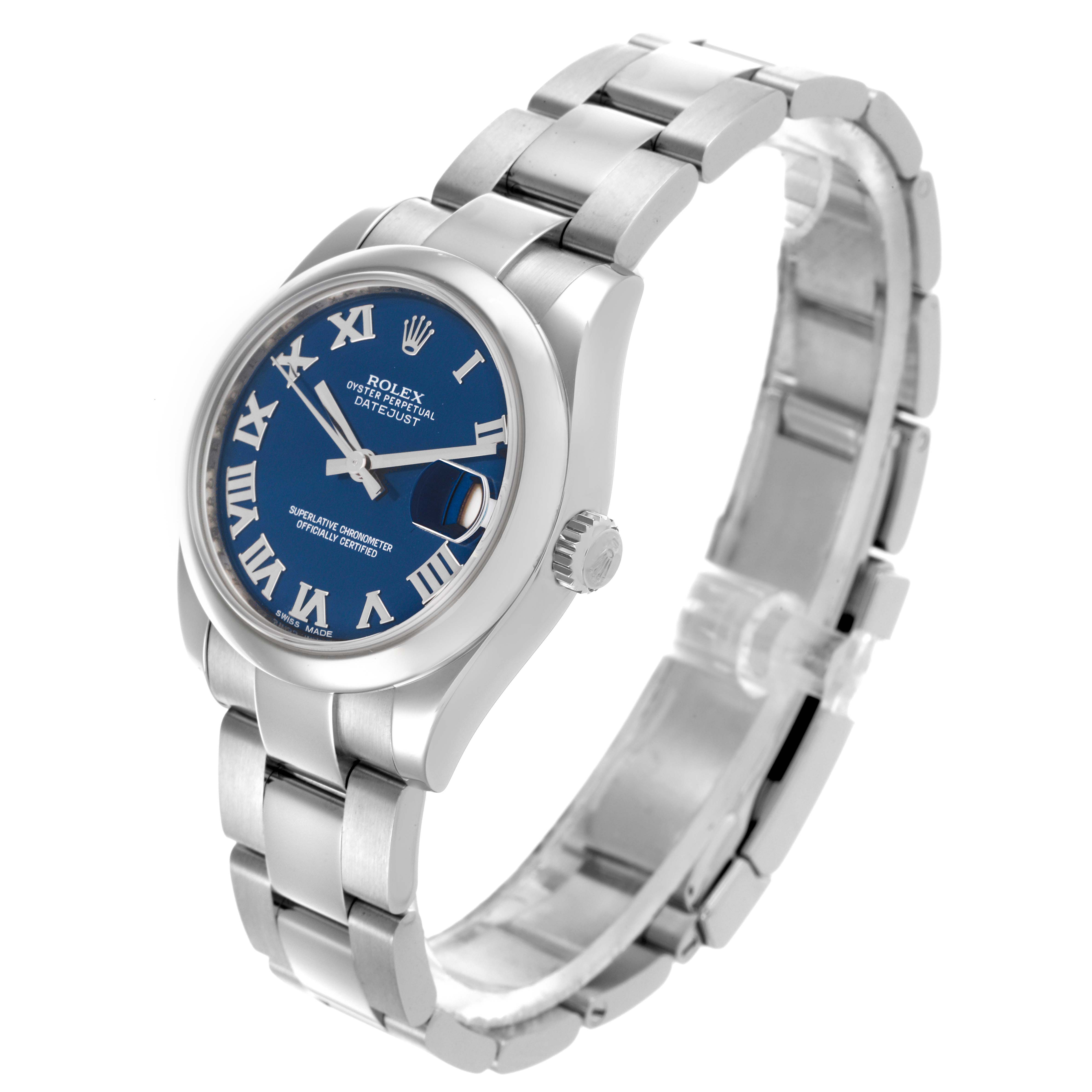 The Rolex Mid-Size 178240 Women's Stainless Steel Blue Dial 178240 Women's Stainless Steel Blue Dial watch is shown at a three-quarter angle, highlighting the face, bracelet, and side profile.