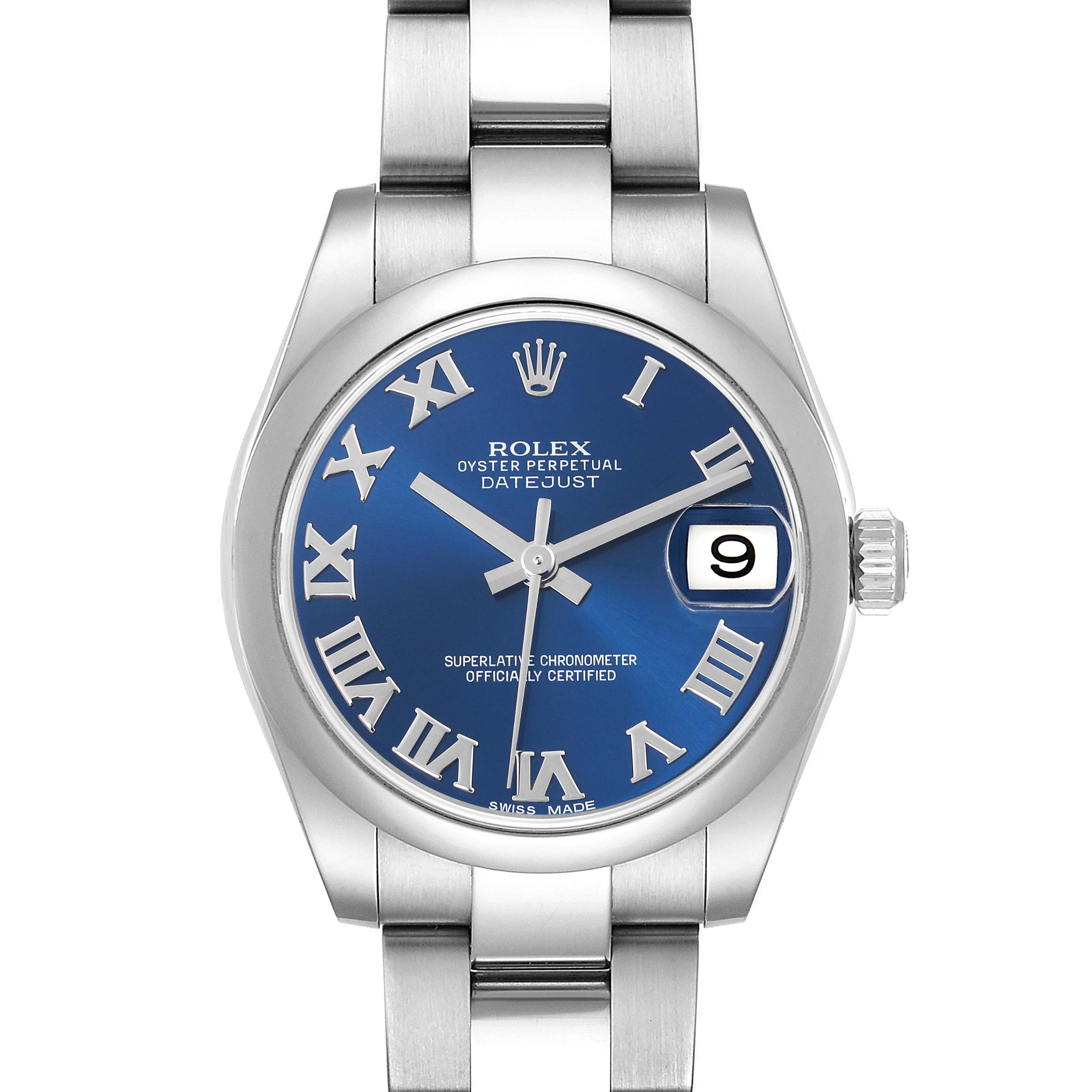 The Rolex Datejust Mid-Size watch is shown from the front, highlighting the blue dial, Roman numerals, and date window.