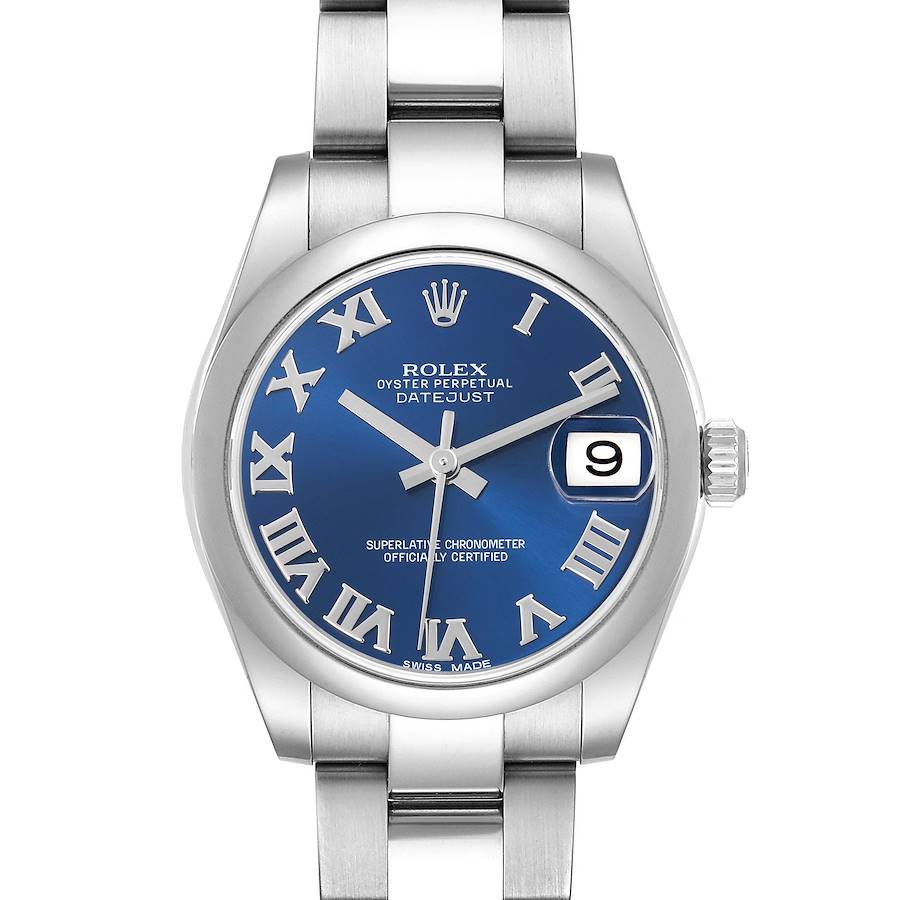 The Rolex Datejust Mid-Size watch is shown from the front, highlighting the blue dial, Roman numerals, and date window.