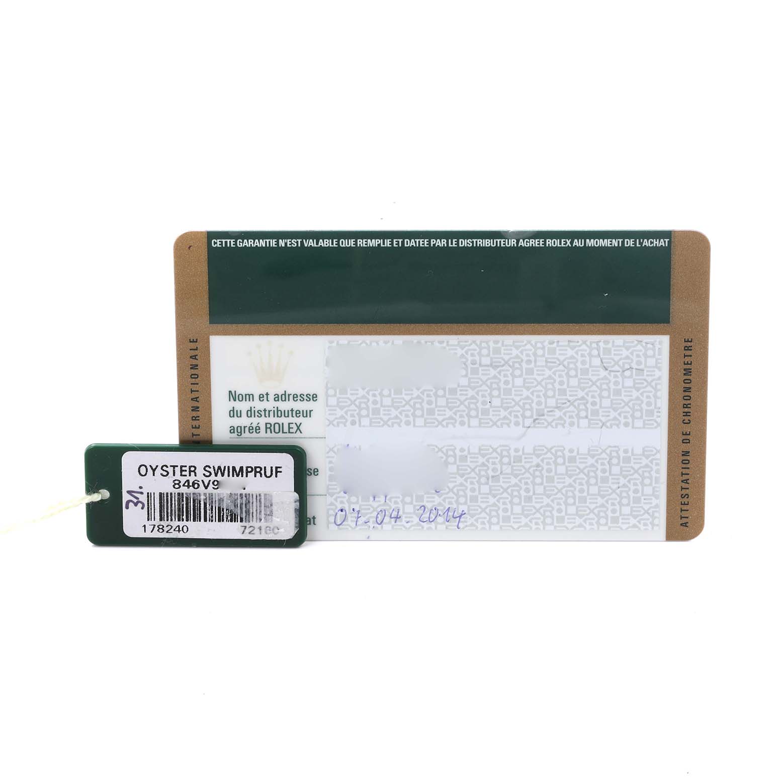 The image shows a warranty card and tag for a Rolex Mid-Size 178240 Women's Stainless Steel Blue Dial 178240 Women's Stainless Steel Blue Dial model, featuring identification details and branding.