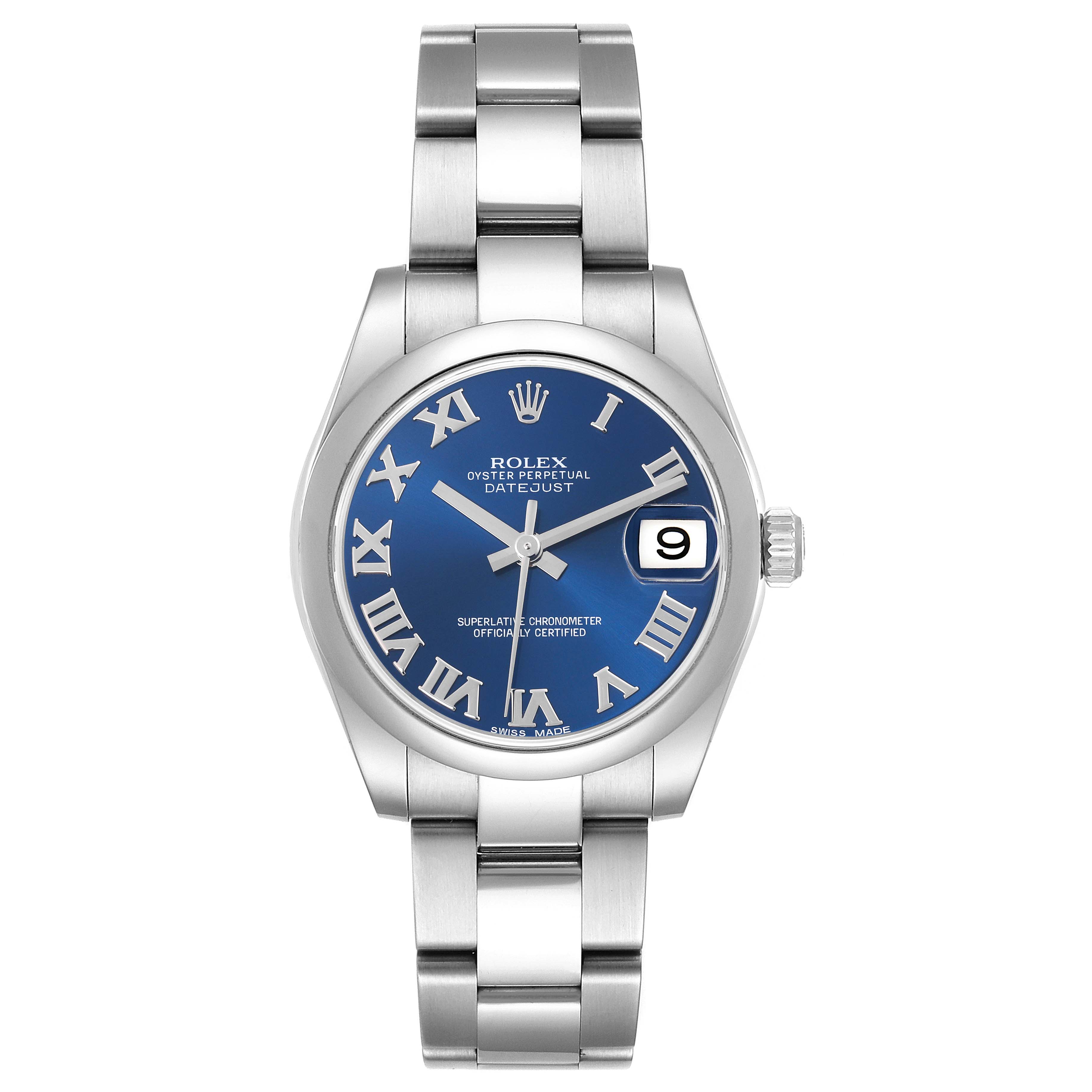 The Rolex Mid-Size 178240 Women's Stainless Steel Blue Dial 178240 Women's Stainless Steel Blue Dial watch is shown from a top view, highlighting its blue dial, Roman numerals, and metal bracelet.
