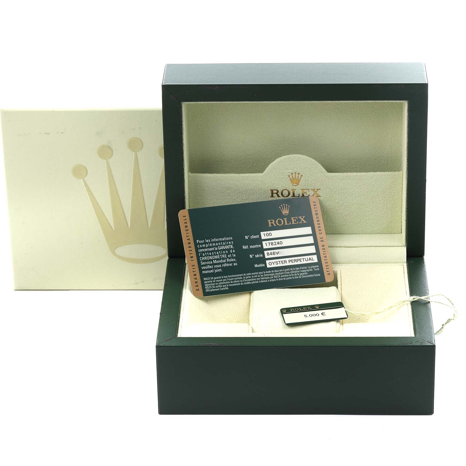 The image shows a Rolex Mid-Size 178240 Women's Stainless Steel Blue Dial 178240 Women's Stainless Steel Blue Dial watch box with paperwork and tag displayed inside the open box.