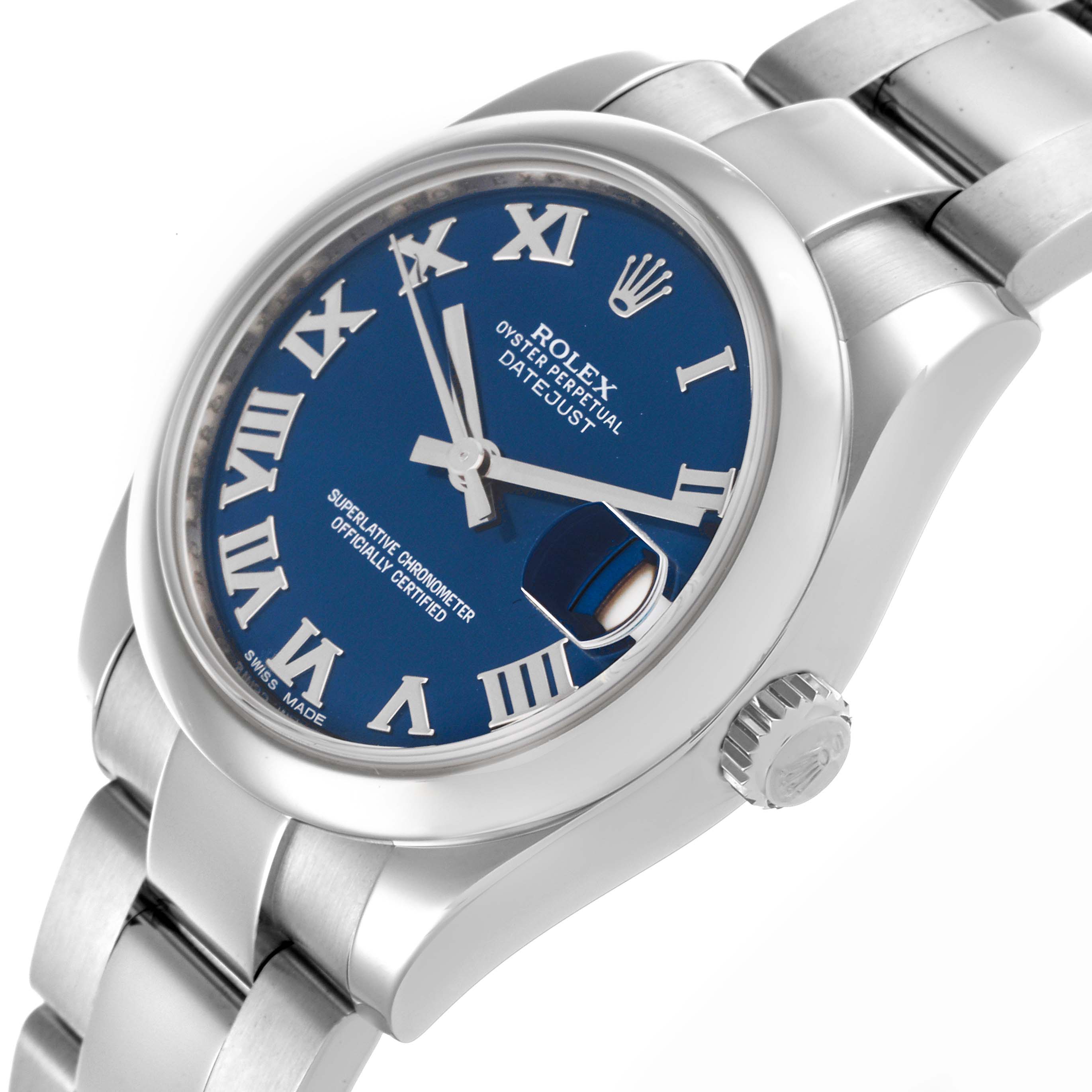 This Rolex Datejust Mid-Size watch is shown at an angle, highlighting the dial, bezel, crown, and part of the bracelet.