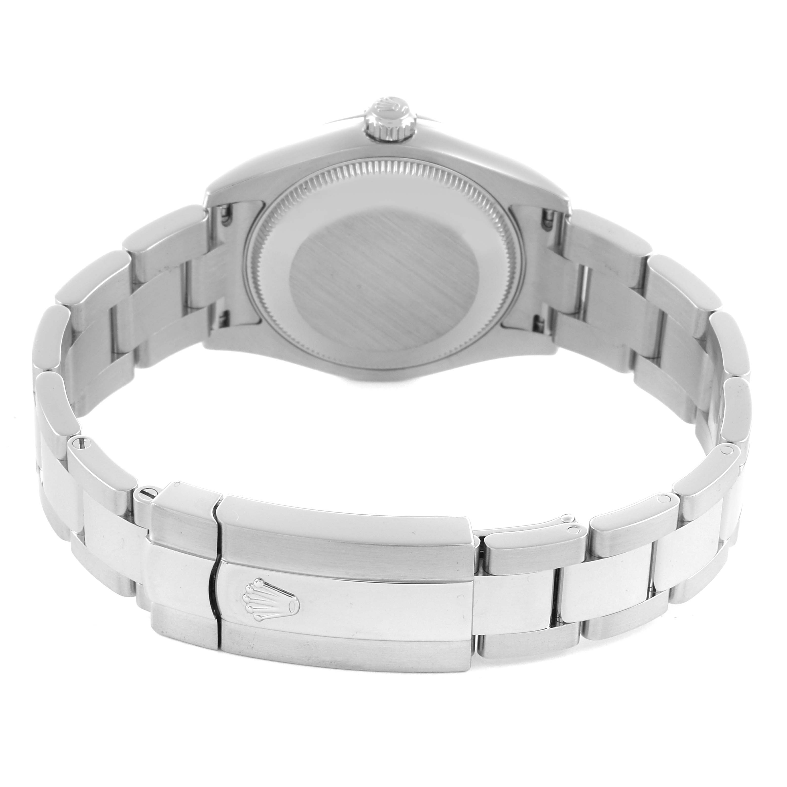 The Rolex Mid-Size 178240 Women's Stainless Steel Blue Dial 178240 Women's Stainless Steel Blue Dial watch is shown from the back, highlighting the case back and bracelet clasp.