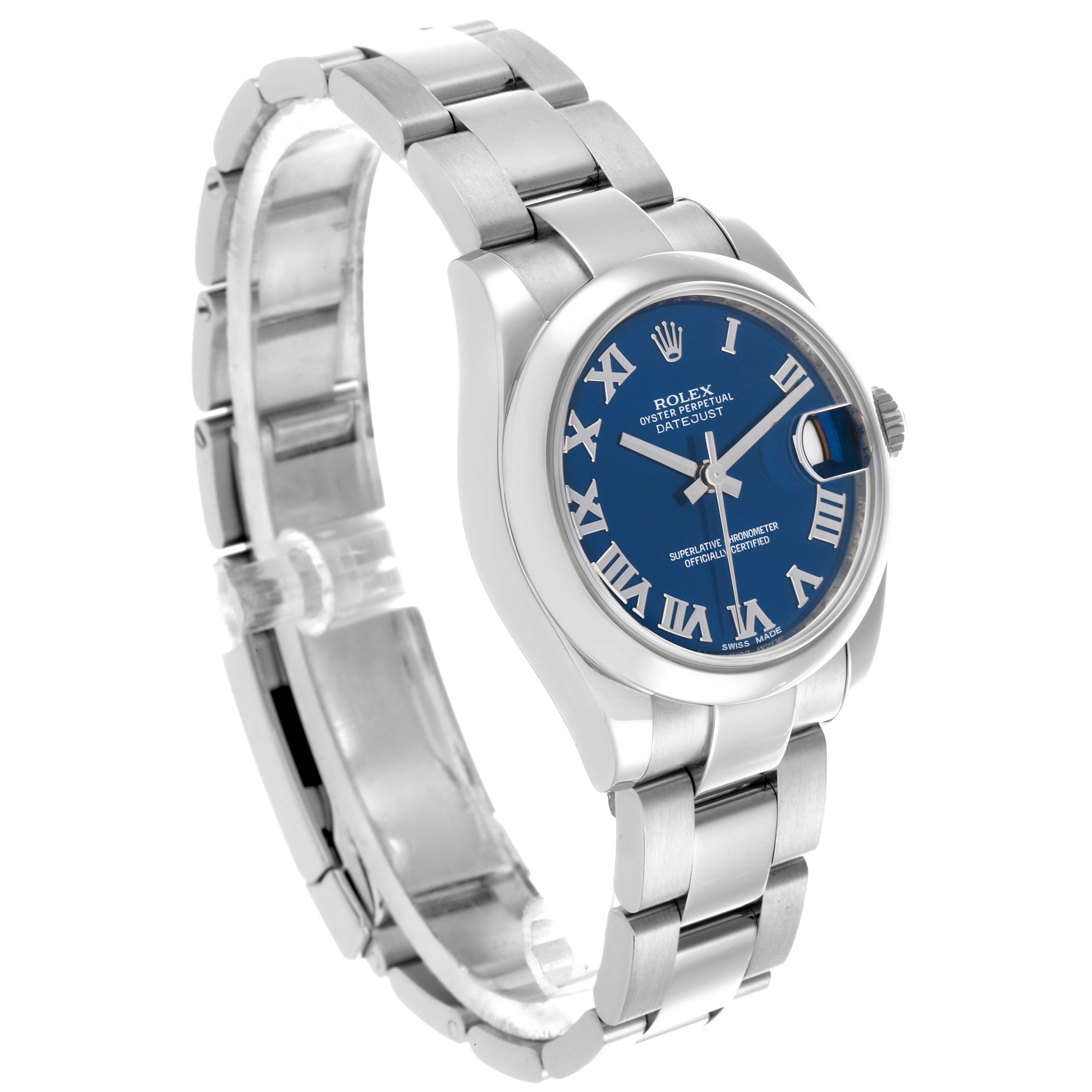 The Rolex Datejust mid-size watch is displayed at an angled view, showing the blue dial, silver bezel, case, and bracelet.