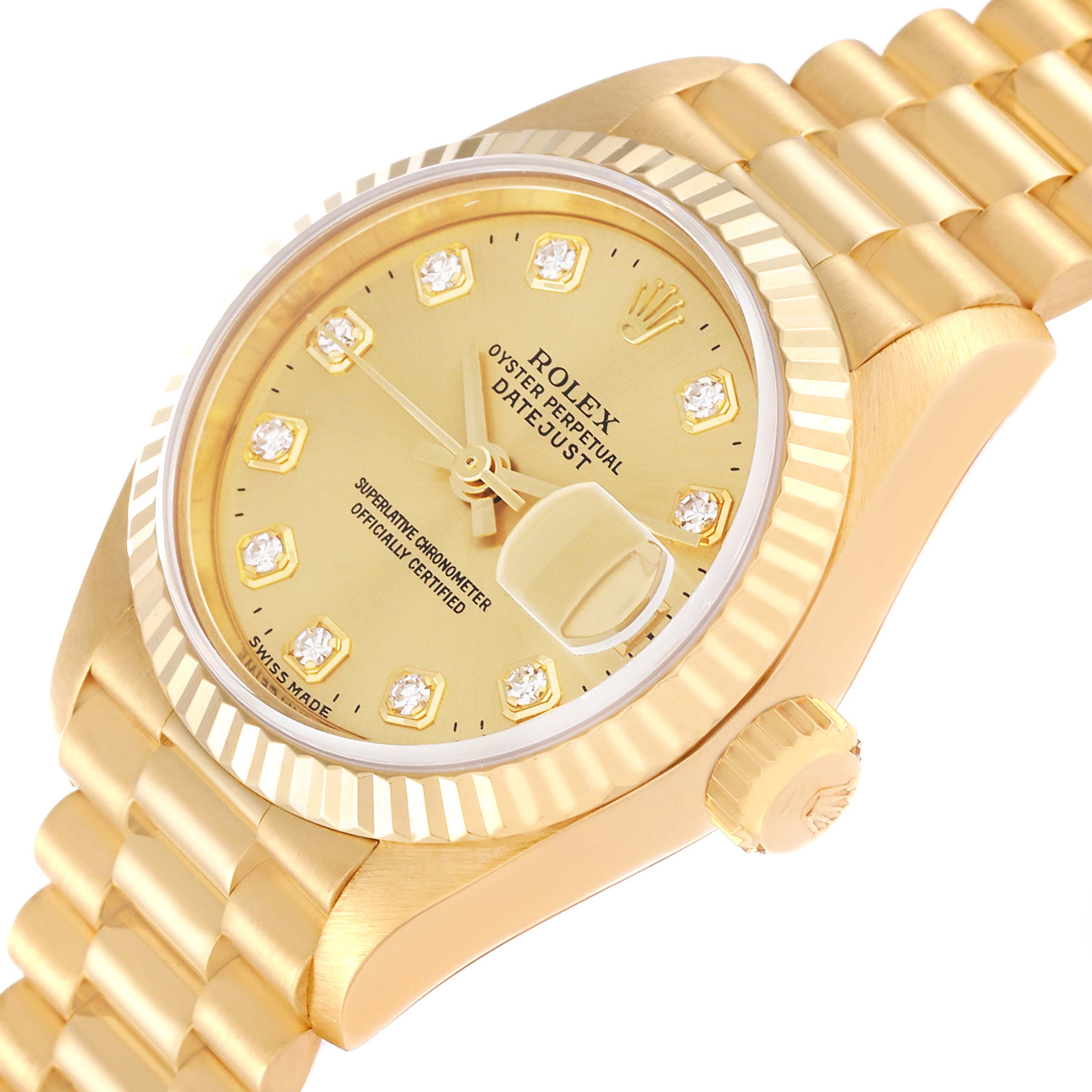 This image features a close-up of the Rolex President 69178G Women's Yellow Gold Champagne Dial 69178G Women's Yellow Gold Champagne Dial model watch, showcasing its crown, bezel, dial, and bracelet at an angled view.