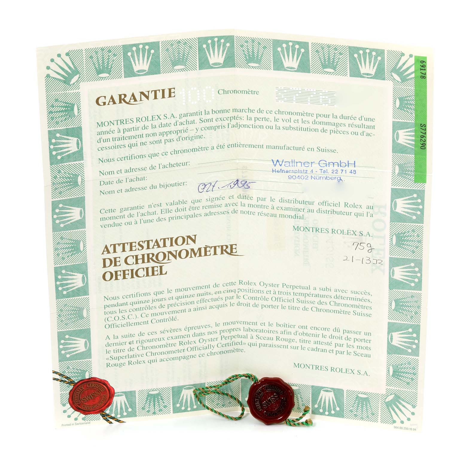 The image shows the official chronometer certificate and warranty for a Rolex President 69178G Women's Yellow Gold Champagne Dial 69178G Women's Yellow Gold Champagne Dial model watch.