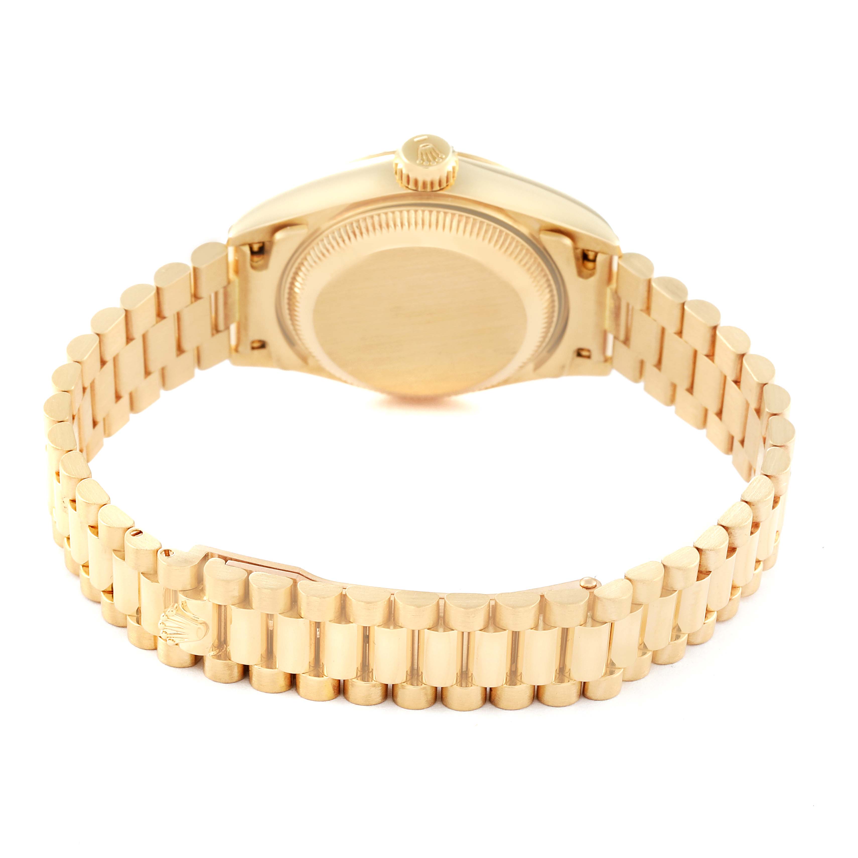 This Rolex President 69178G Women's Yellow Gold Champagne Dial 69178G Women's Yellow Gold Champagne Dial model watch is shown from the back, highlighting its gold case and bracelet.