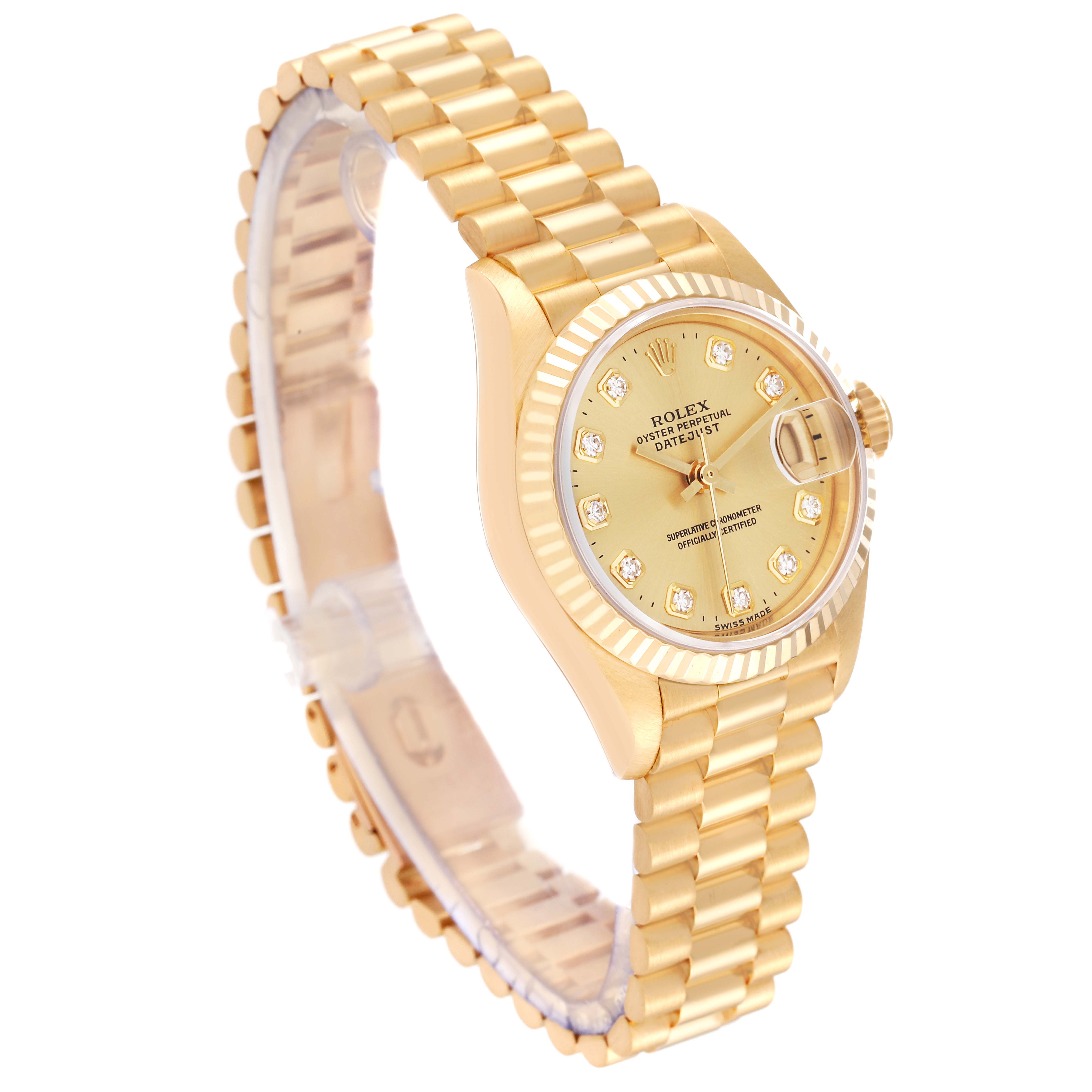 This image shows a side-angle view of a Rolex President 69178G Women's Yellow Gold Champagne Dial 69178G Women's Yellow Gold Champagne Dial model watch, displaying the bracelet and the face with diamond markers.