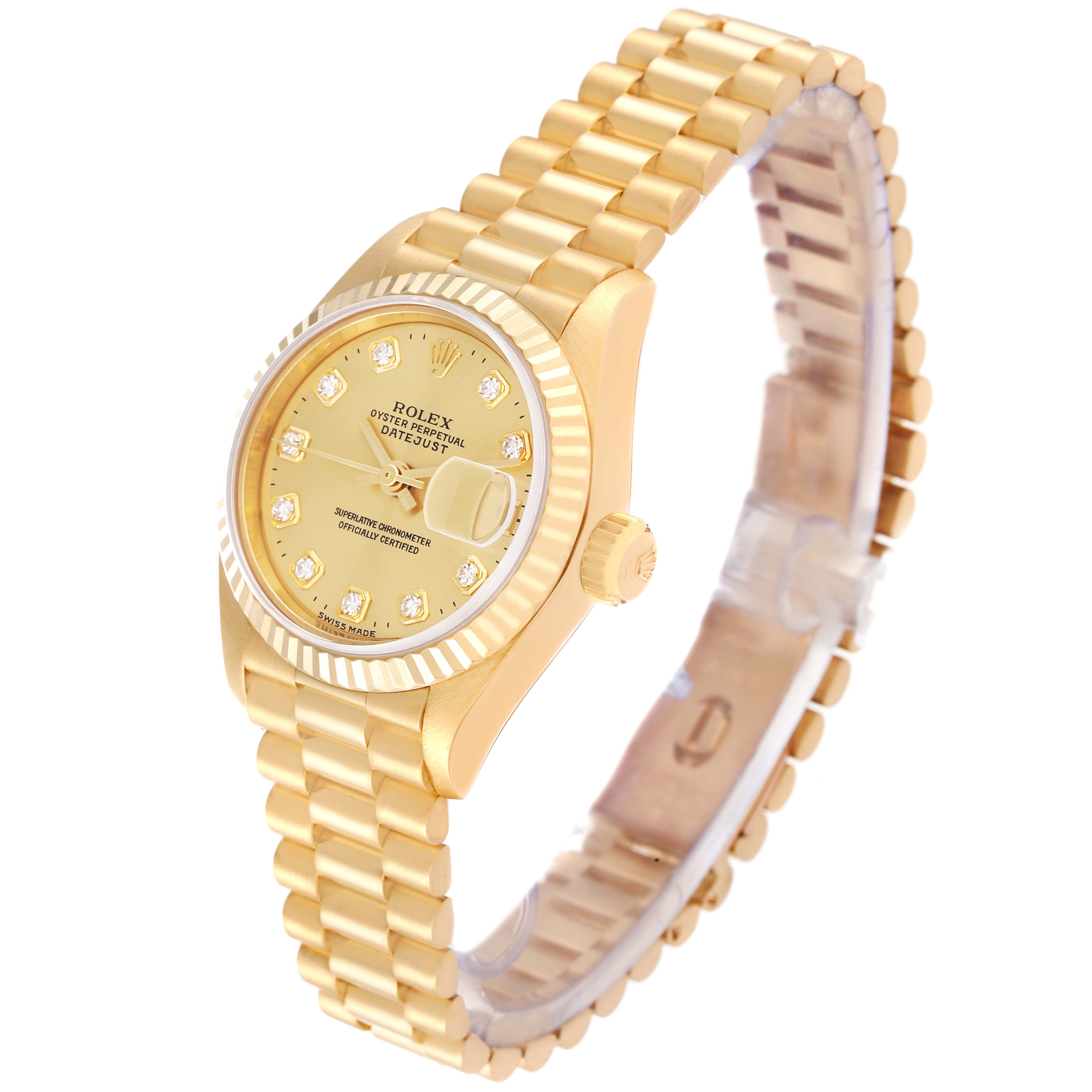 The Rolex President 69178G Women's Yellow Gold Champagne Dial 69178G Women's Yellow Gold Champagne Dial model watch is shown at an angle displaying the gold bracelet, dial, bezel, and crown.