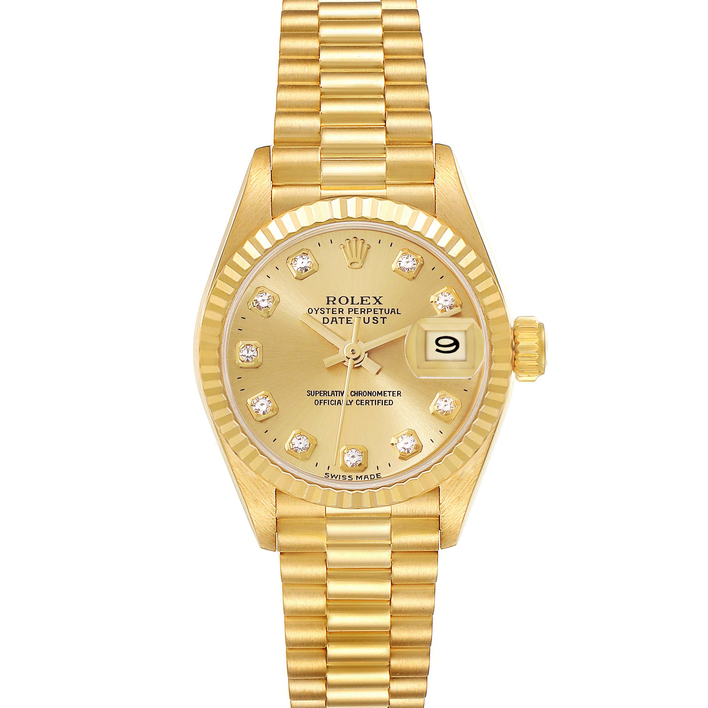 The image shows the front view of a Rolex President 69178G Women's Yellow Gold Champagne Dial 69178G Women's Yellow Gold Champagne Dial model watch, featuring the dial, hands, date window, and bracelet.
