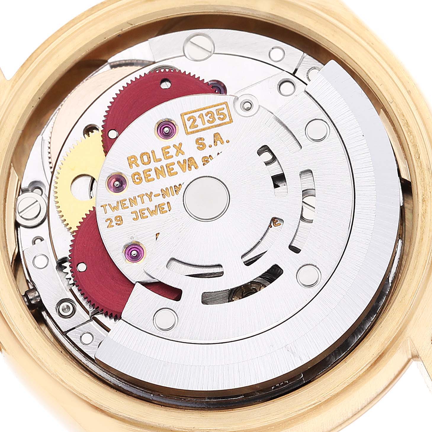 The image shows the inner mechanical movement of a Rolex President 69178G Women's Yellow Gold Champagne Dial 69178G Women's Yellow Gold Champagne Dial model watch at an angled close-up.