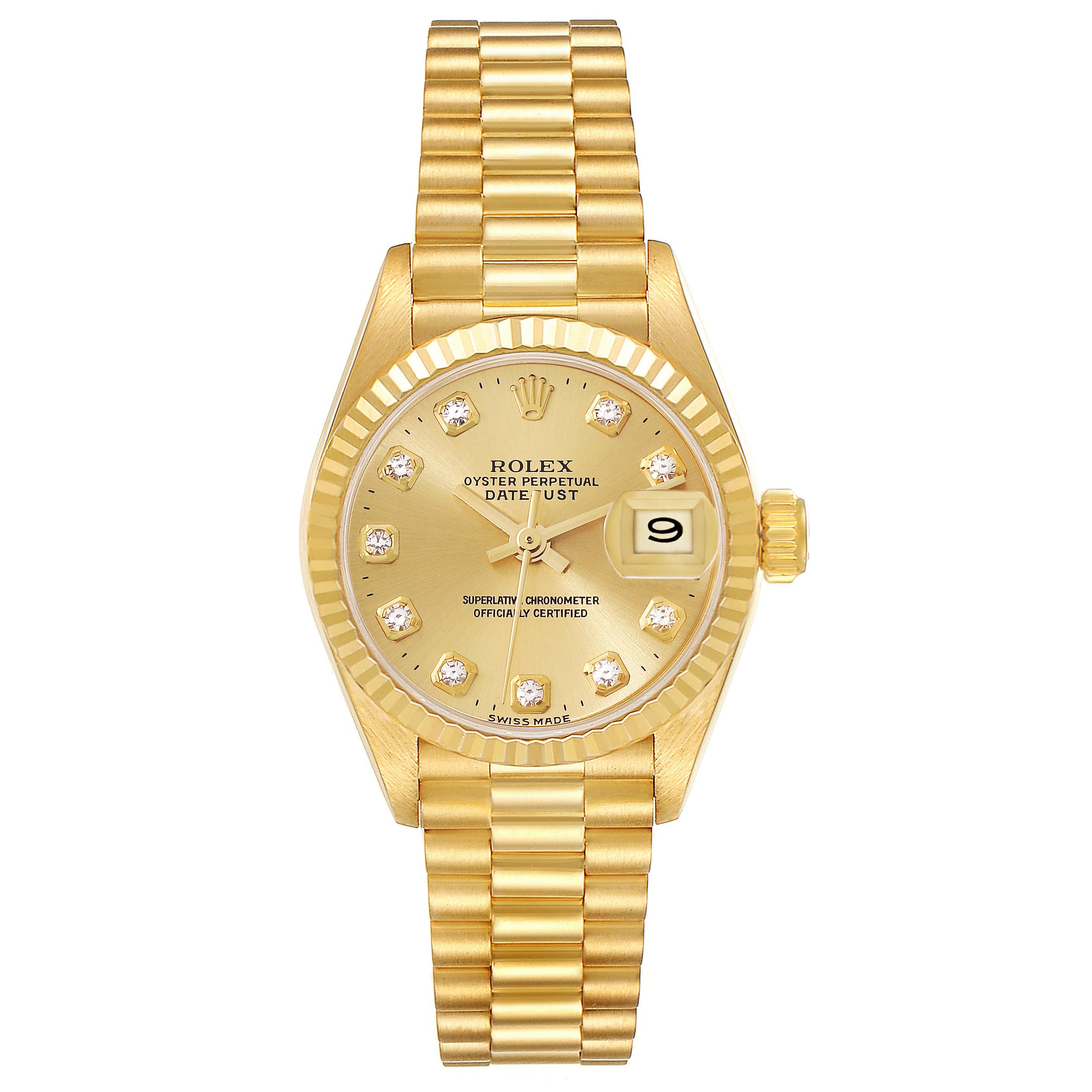 The image shows a Rolex President 69178G Women's Yellow Gold Champagne Dial 69178G Women's Yellow Gold Champagne Dial model watch with a gold dial, diamond hour markers, date window, and bracelet, viewed from the front.