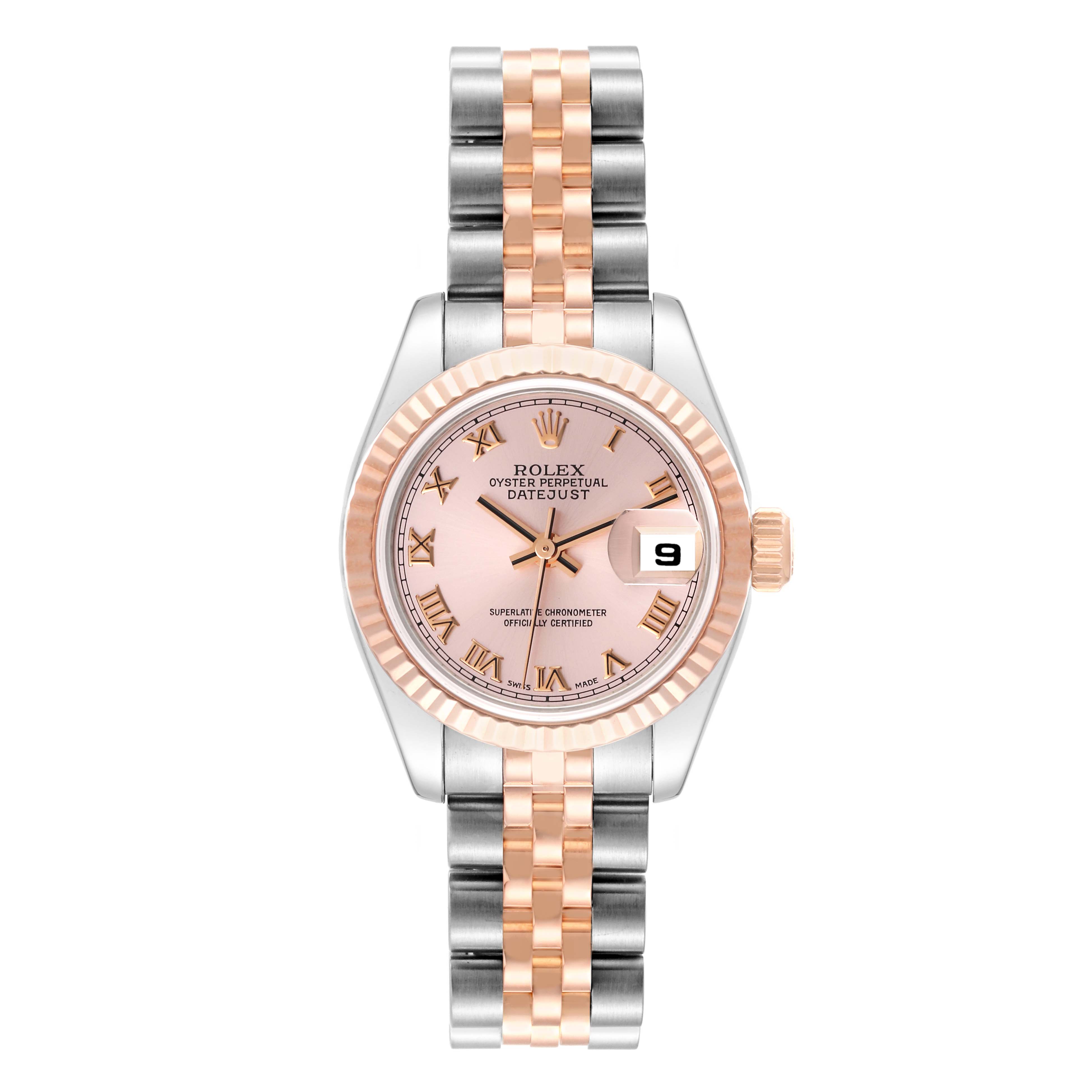 This image shows a Rolex Datejust 179171 Women's Steel and Gold (two tone) Pink Dial 179171 Women's Steel and Gold (two tone) Pink Dial watch from a top-down angle, highlighting its two-tone bracelet and pink dial with Roman numerals.