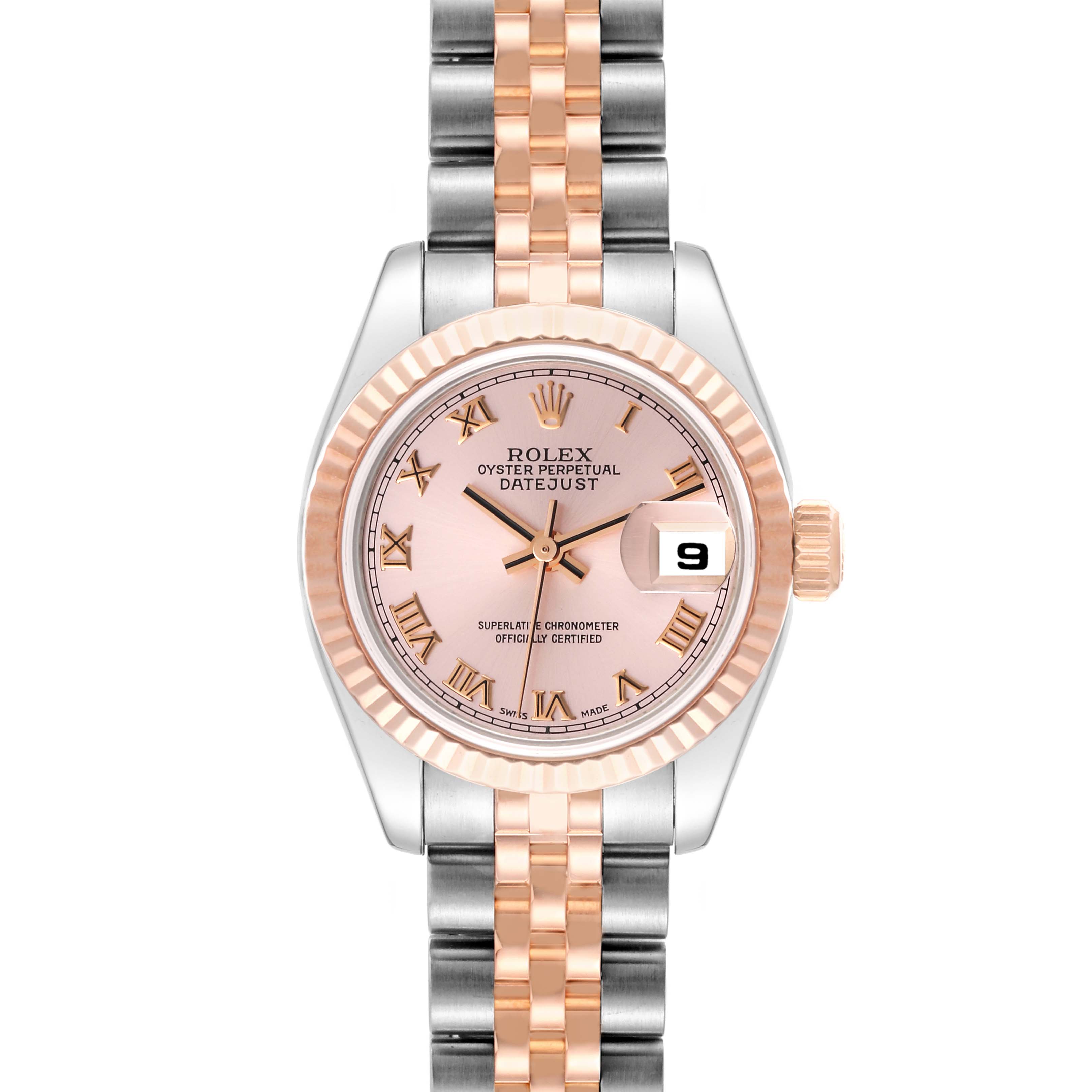 The image shows a front view of a Rolex Datejust 179171 Women's Steel and Gold (two tone) Pink Dial 179171 Women's Steel and Gold (two tone) Pink Dial watch, featuring a pink dial, jubilee bracelet, and date display.