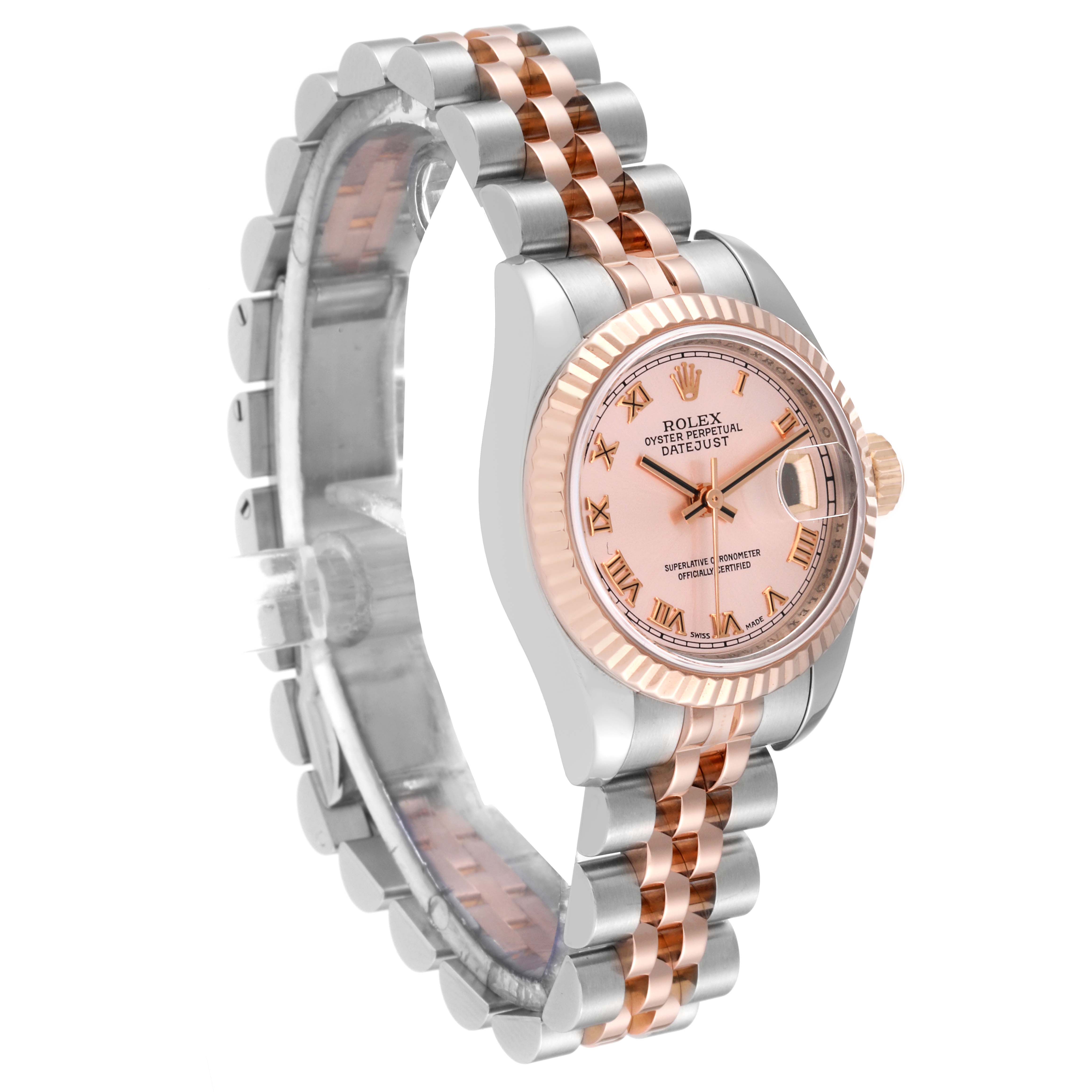 The image displays an angled 3/4 view of a Rolex Datejust 179171 Women's Steel and Gold (two tone) Pink Dial 179171 Women's Steel and Gold (two tone) Pink Dial watch, showcasing the dial, bezel, and two-tone bracelet.