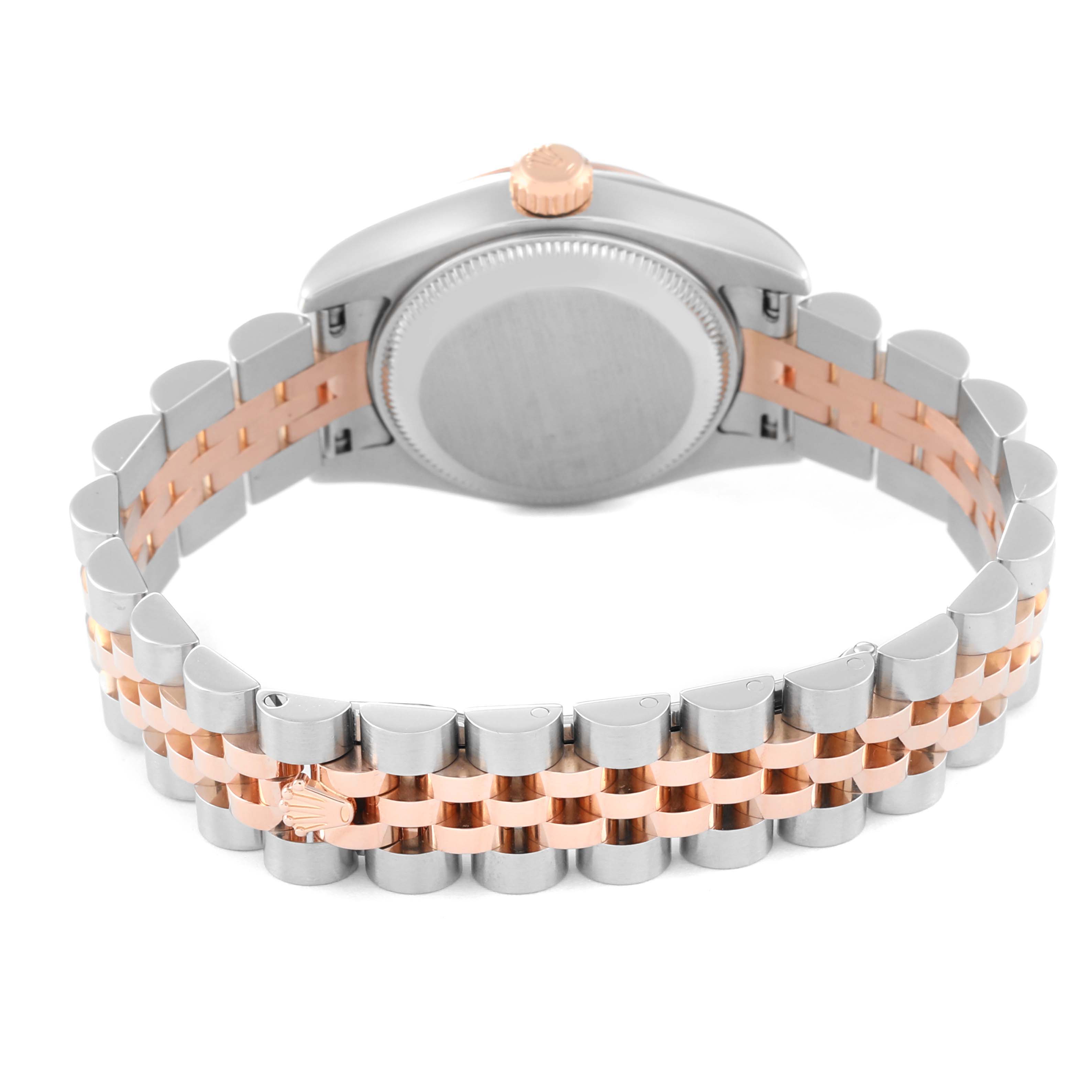 This image shows the back view of the case and the stainless steel and rose gold bracelet of the Rolex Datejust 179171 Women's Steel and Gold (two tone) Pink Dial 179171 Women's Steel and Gold (two tone) Pink Dial model.
