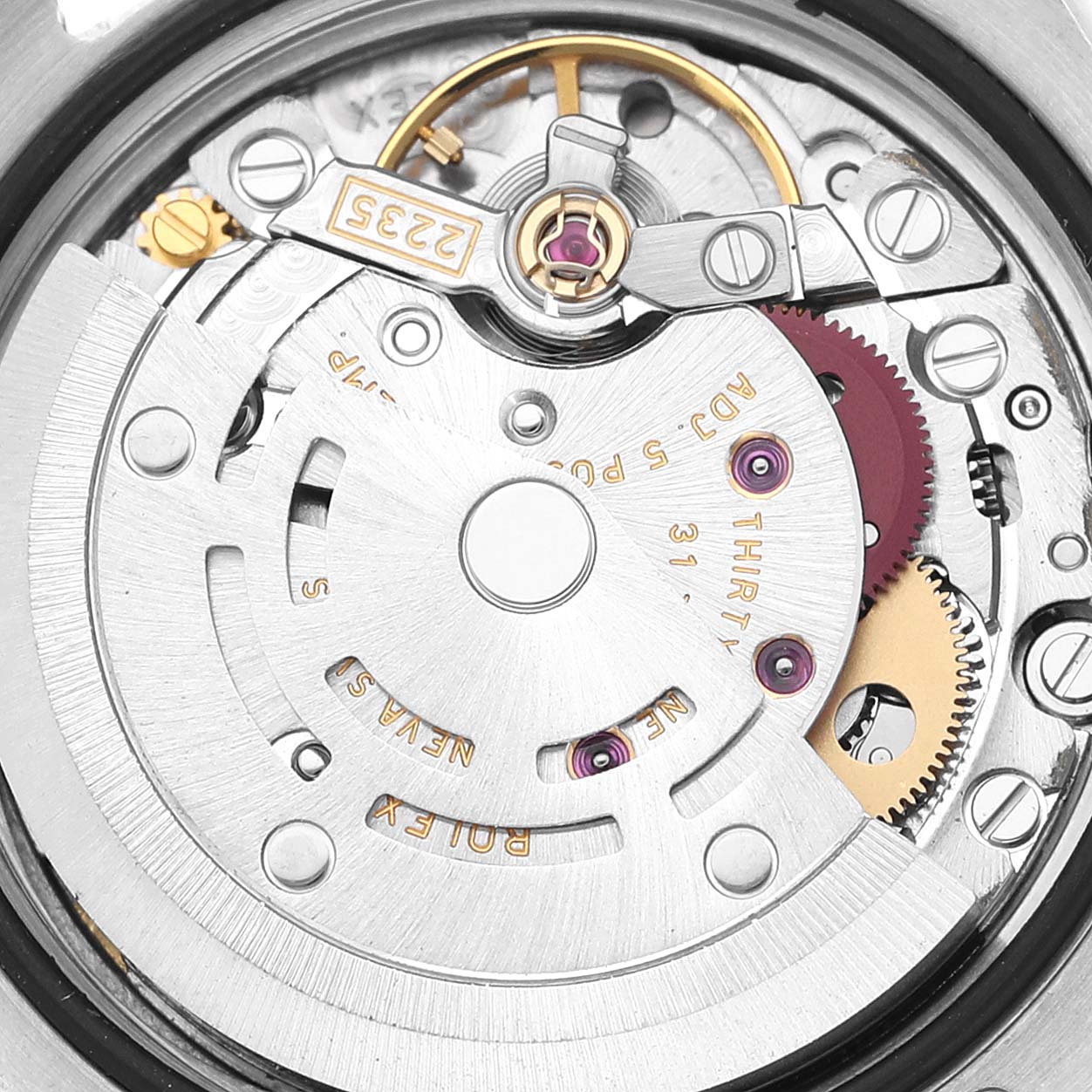 The image shows a close-up of the movement mechanism in a Rolex Datejust 179171 Women's Steel and Gold (two tone) Pink Dial 179171 Women's Steel and Gold (two tone) Pink Dial watch.