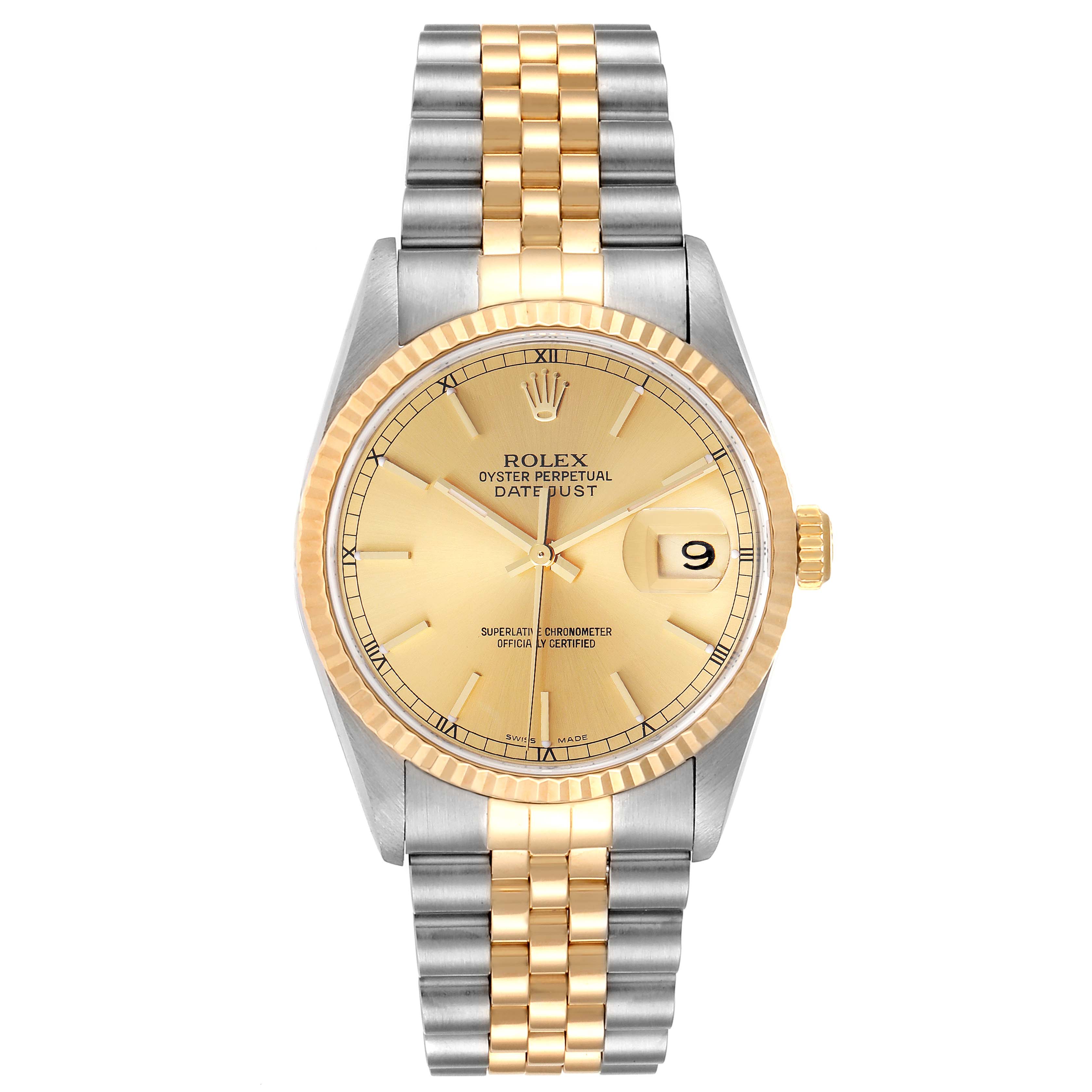 This image shows a frontal view of a Rolex Datejust 16233 Men's Steel and Gold (two tone) Champagne Dial 16233 Men's Steel and Gold (two tone) Champagne Dial watch, showcasing the dial, bezel, and two-tone bracelet.