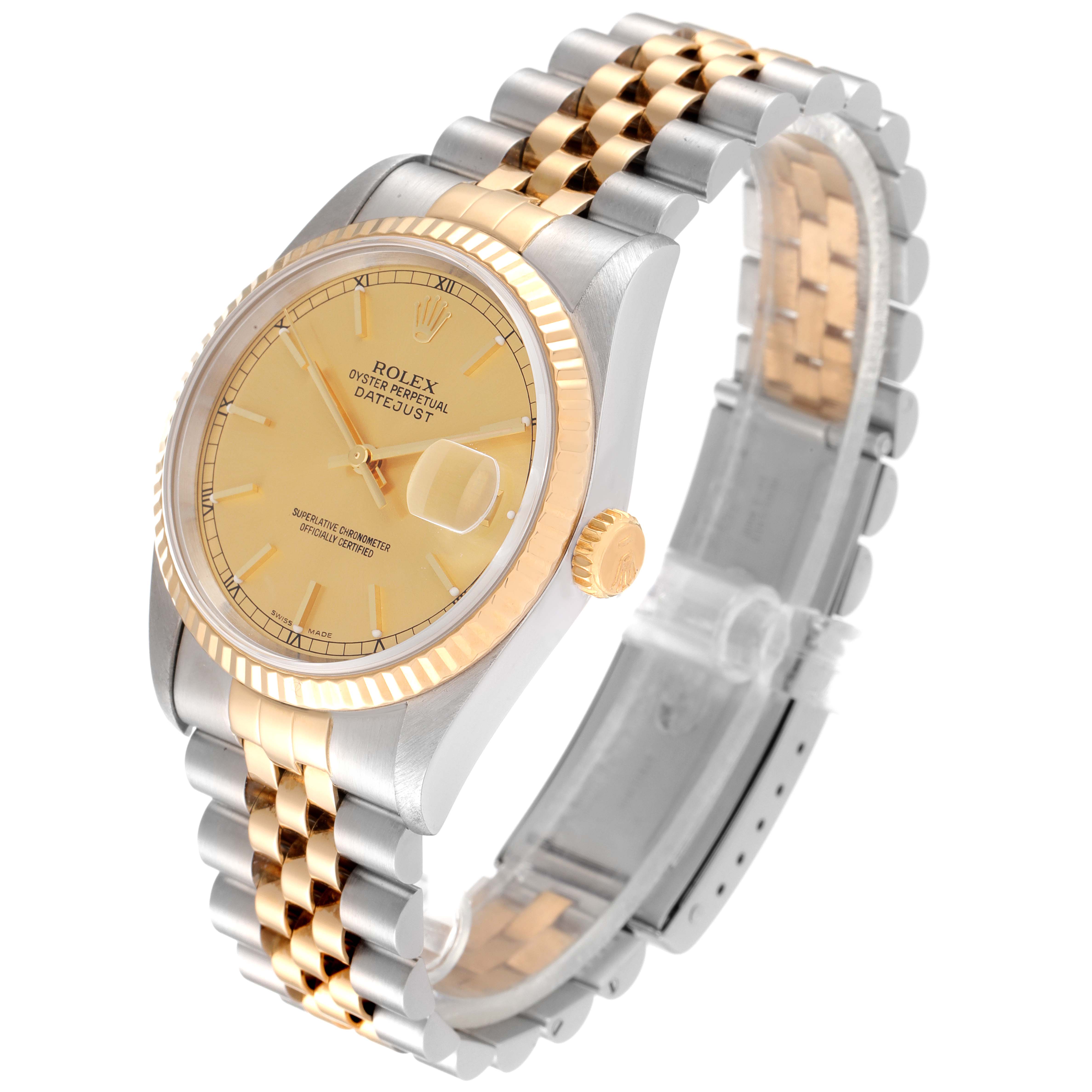 The image shows a Rolex Datejust 16233 Men's Steel and Gold (two tone) Champagne Dial 16233 Men's Steel and Gold (two tone) Champagne Dial watch at a slight angle, highlighting the gold dial, fluted bezel, and two-tone jubilee bracelet.
