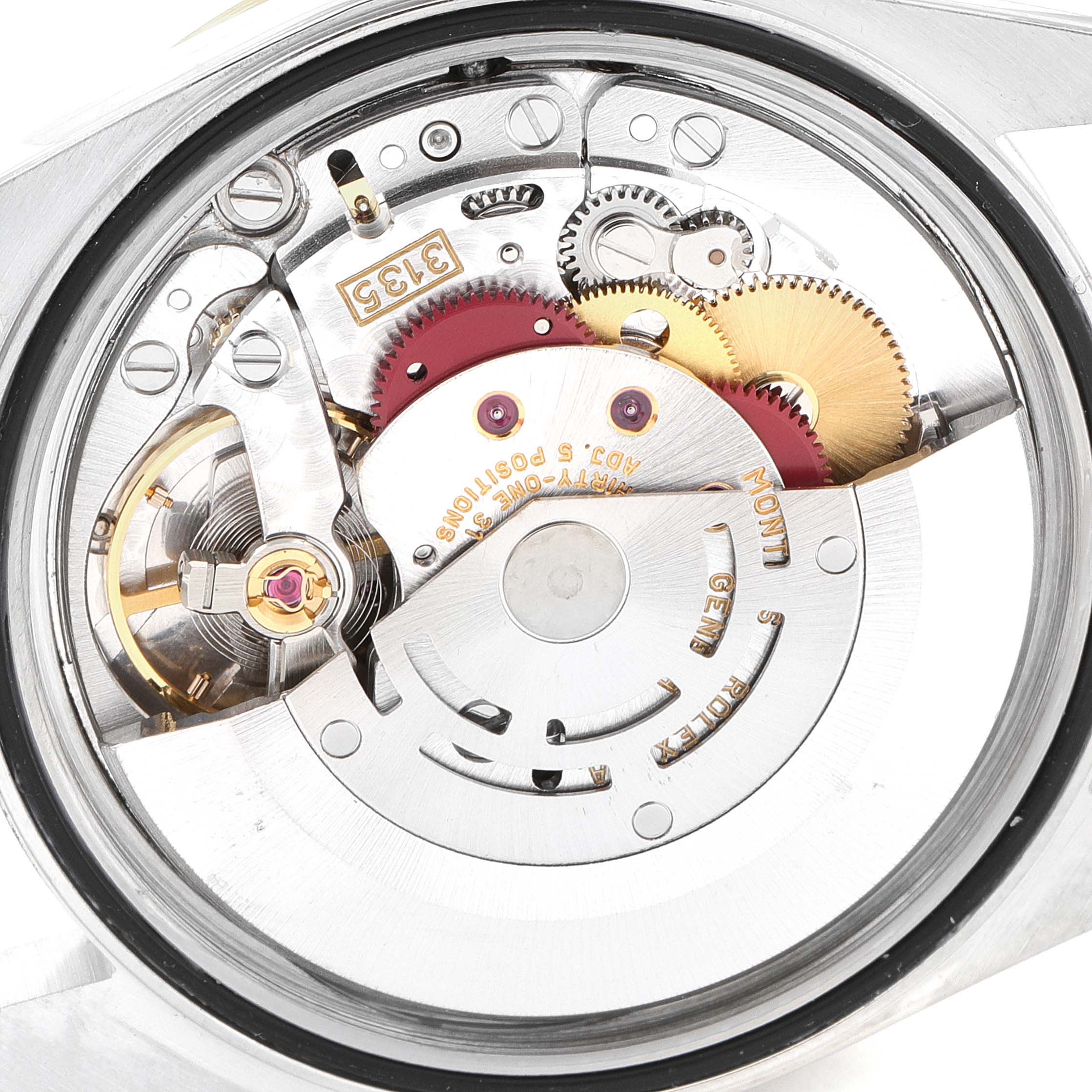 This image shows the internal mechanism of a Rolex Datejust 16233 Men's Steel and Gold (two tone) Champagne Dial 16233 Men's Steel and Gold (two tone) Champagne Dial watch, taken from the back case.