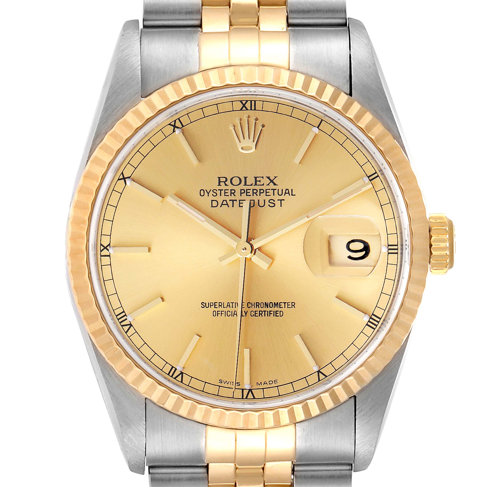 This image shows a Rolex Datejust 16233 Men's Steel and Gold (two tone) Champagne Dial 16233 Men's Steel and Gold (two tone) Champagne Dial watch from the front, highlighting the dial, bezel, and part of the bracelet.