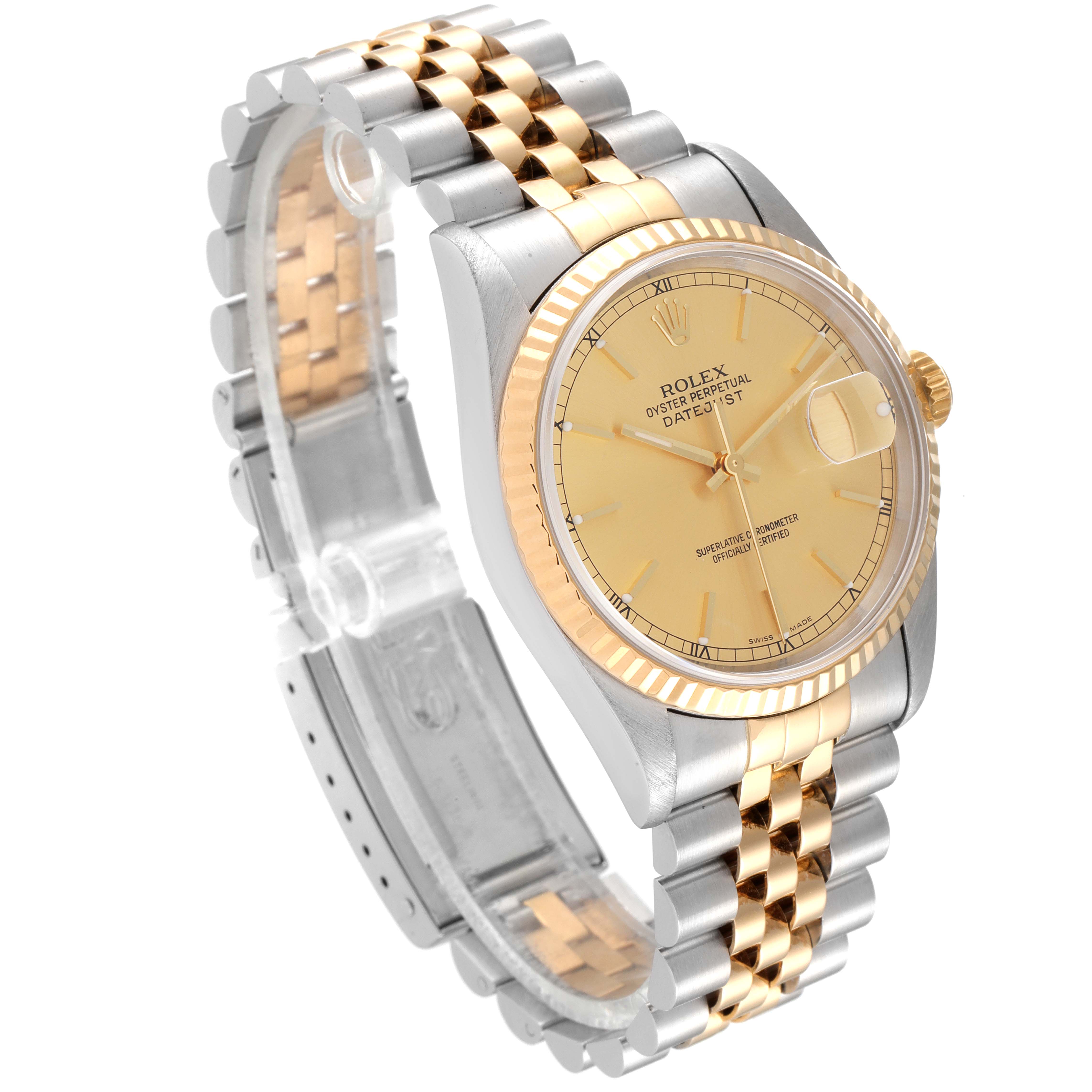 The image shows a Rolex Datejust 16233 Men's Steel and Gold (two tone) Champagne Dial 16233 Men's Steel and Gold (two tone) Champagne Dial model watch at an oblique front angle, highlighting its gold and silver bracelet and face.