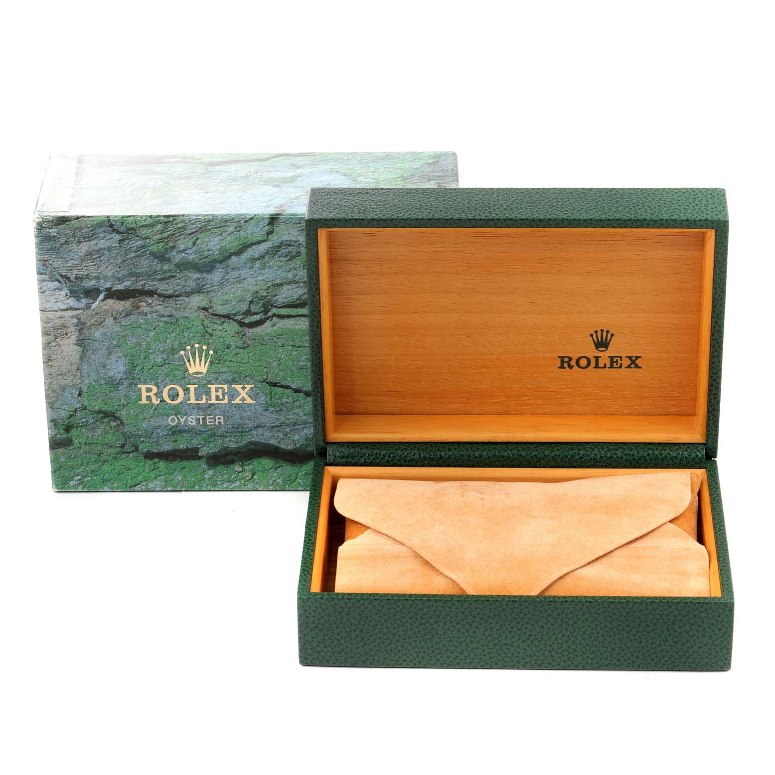 This image shows the packaging and watch box for a Rolex Datejust 16233 Men's Steel and Gold (two tone) Champagne Dial 16233 Men's Steel and Gold (two tone) Champagne Dial model, featuring an open green and wood box with a cushion inside.