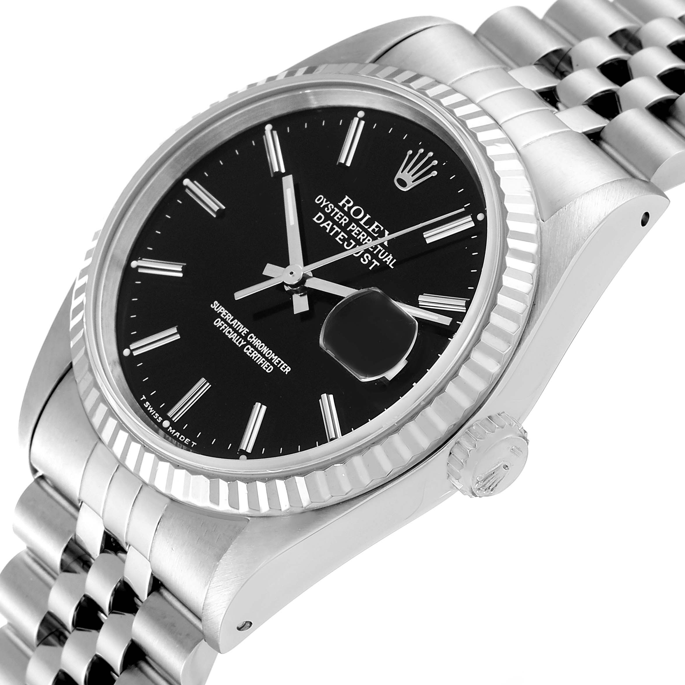 The image shows a close-up angled view of the Rolex Datejust 16234 Men's Stainless Steel Black Dial 16234 Men's Stainless Steel Black Dial watch, highlighting its black dial, fluted bezel, and jubilee bracelet.