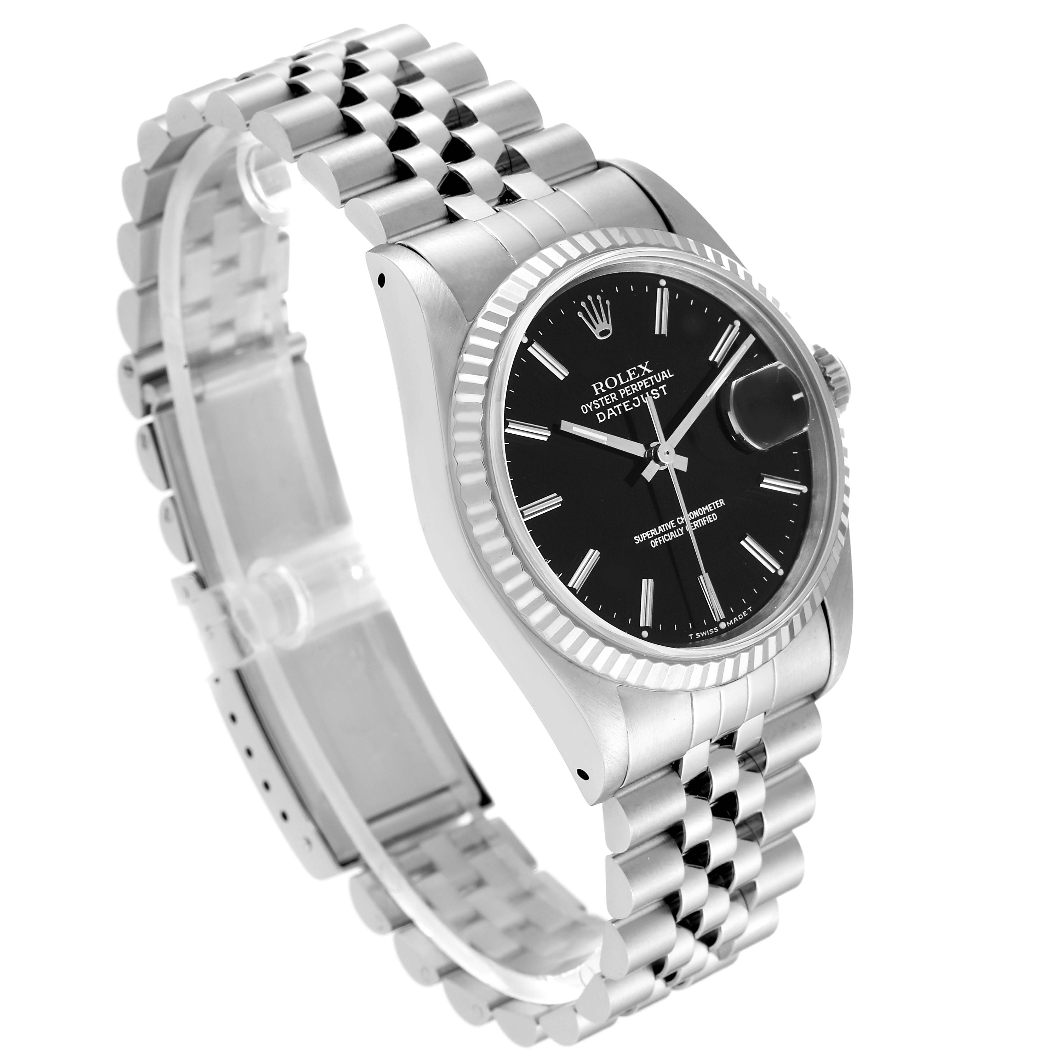 The Rolex Datejust 16234 Men's Stainless Steel Black Dial 16234 Men's Stainless Steel Black Dial watch is shown at a three-quarter angle, highlighting the face, bezel, and bracelet.