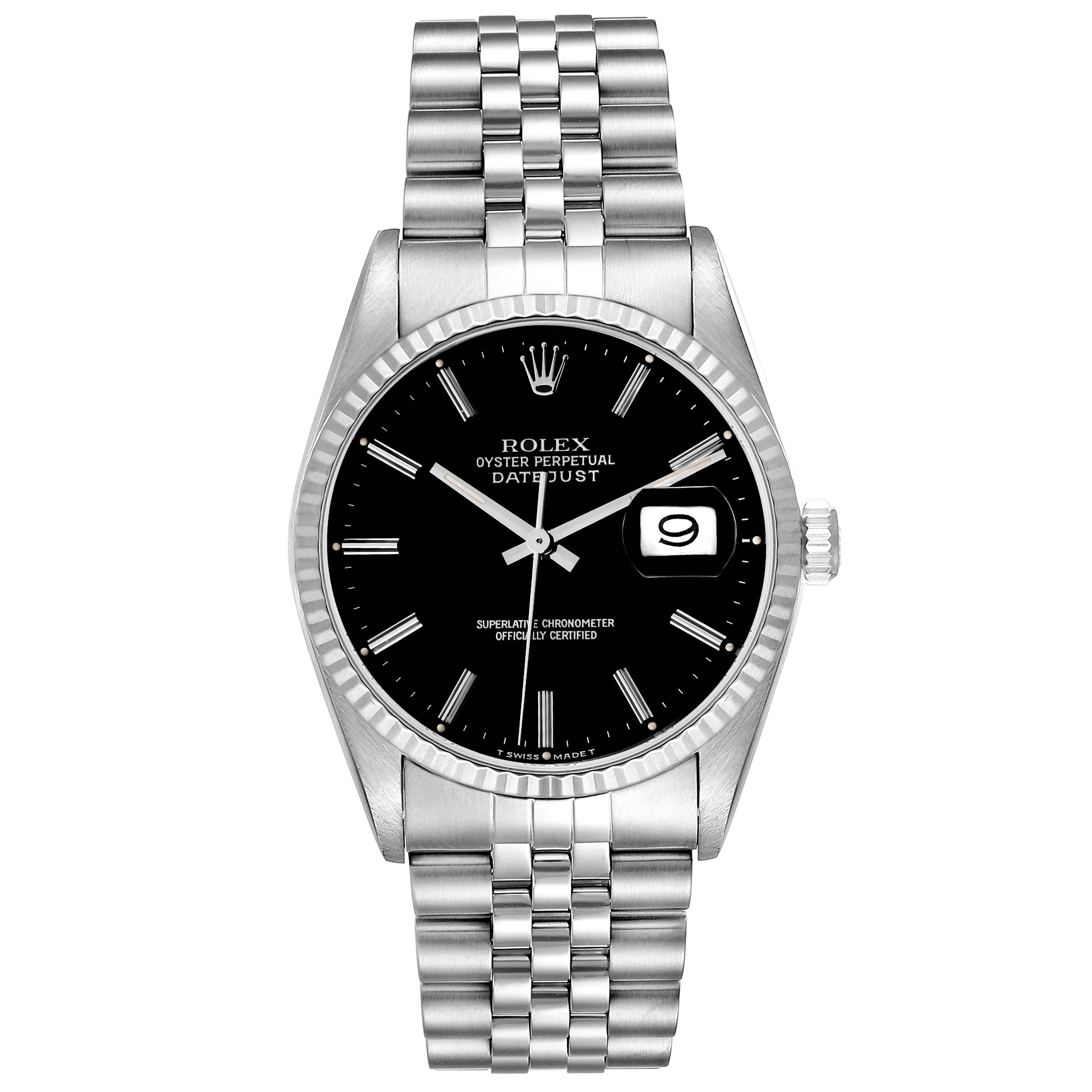 This image shows a front view of a Rolex Datejust 16234 Men's Stainless Steel Black Dial 16234 Men's Stainless Steel Black Dial watch, highlighting the dial, hands, bezel, crown, and bracelet.