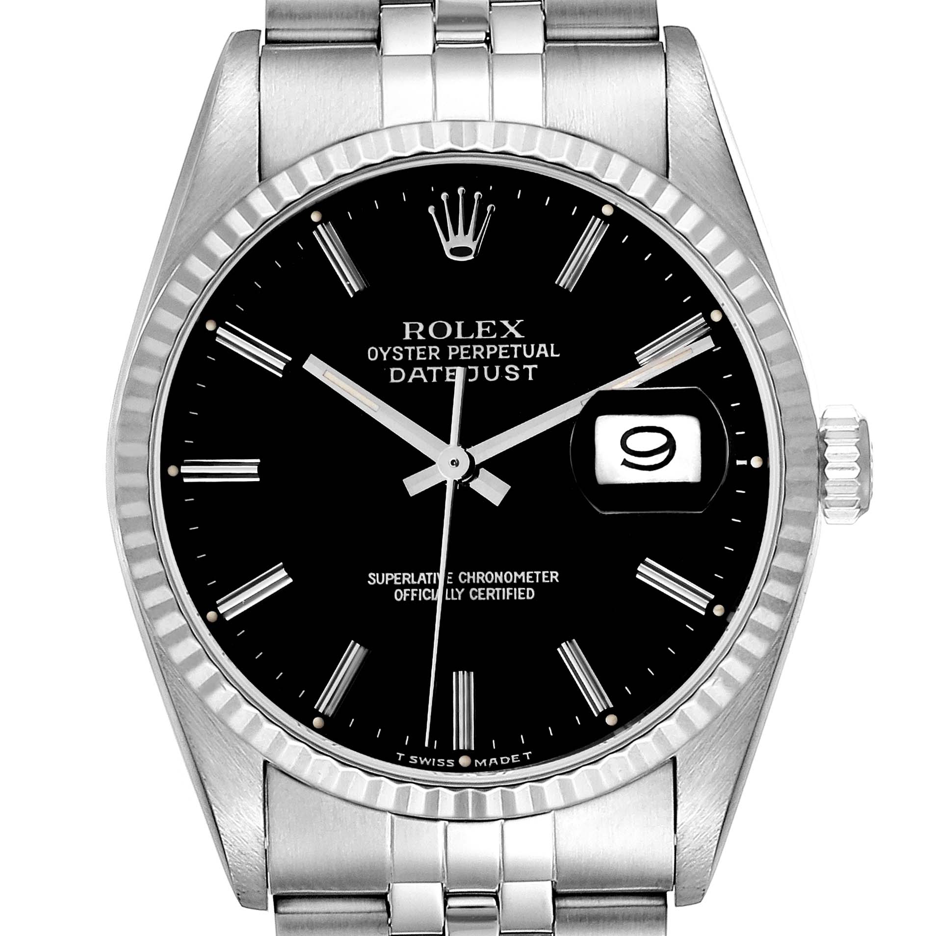 This image shows a front view of a Rolex Datejust 16234 Men's Stainless Steel Black Dial 16234 Men's Stainless Steel Black Dial watch, displaying its face, dial, hands, magnified date window, and part of the bracelet.